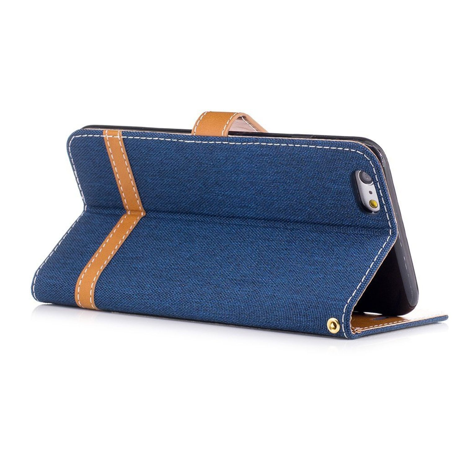 Eine blaue Denim-Handyhülle mit braunem Akzent. Das Telefon befindet sich in der Hülle.