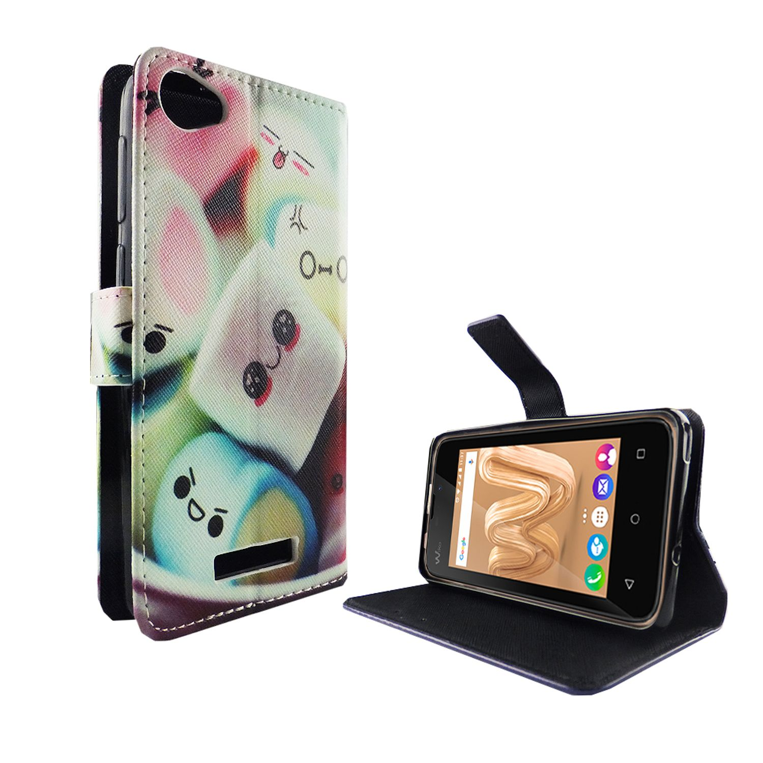 Geöffnete Handyhülle mit Telefon, buntes Marshmallow-Design.