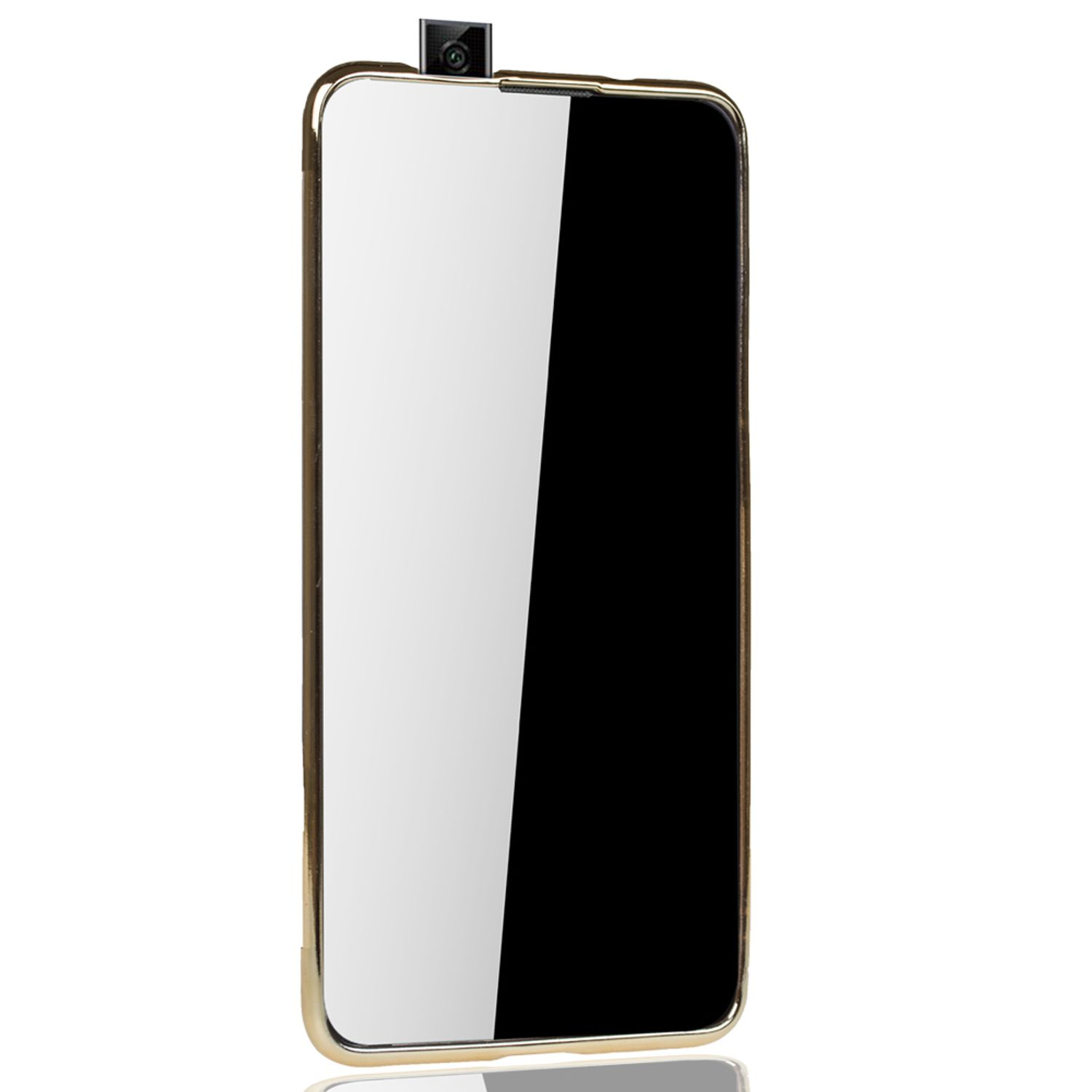 Ein Telefon mit schwarzem Bildschirm. Das Telefon hat eine Kamera oben.