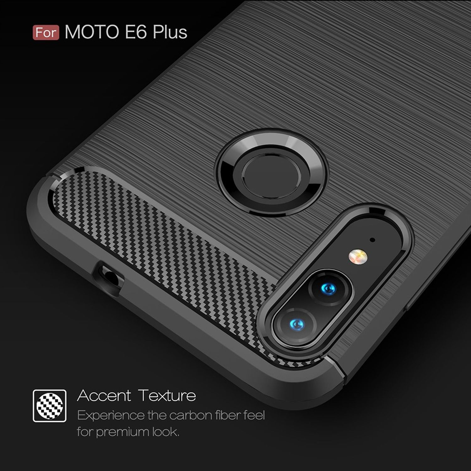 Schwarze Handyhülle mit strukturiertem Design. Text lautet 'For MOTO E6 Plus'.