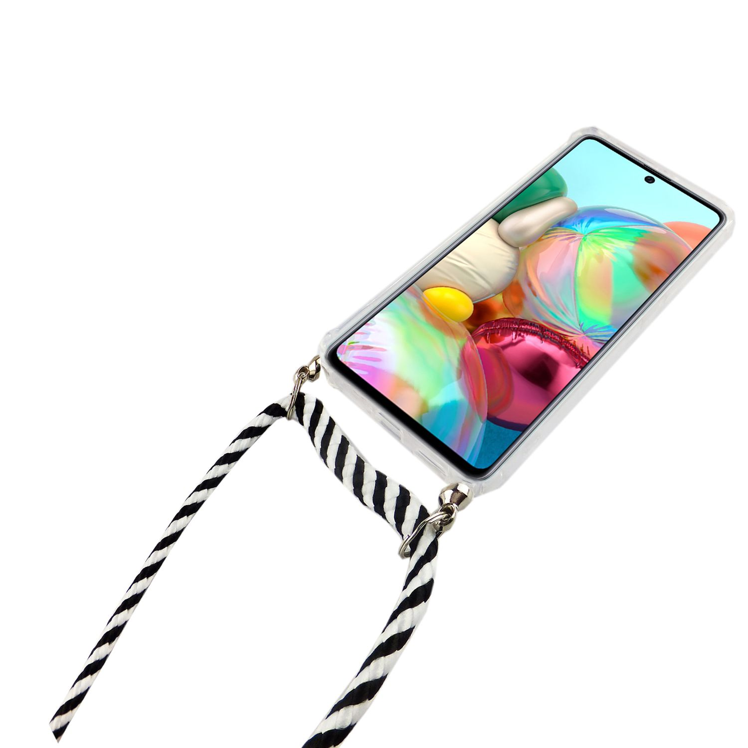 Telefon mit Riemen; weiß und schwarz gestreift. Telefonhülle ist klar, weißer Hintergrund.