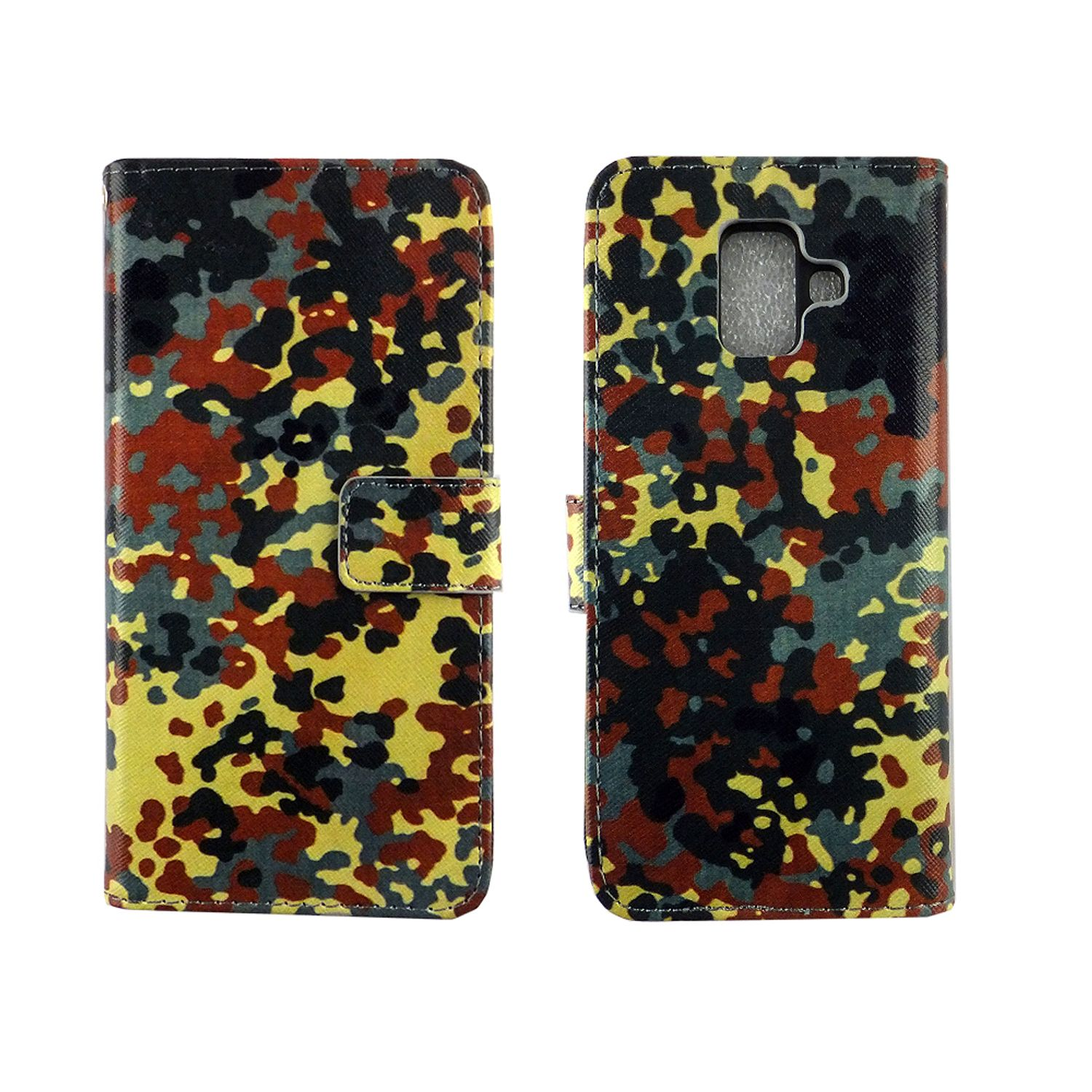 Zwei Handyhüllen mit Camouflage-Muster. Eine offen, eine geschlossen.