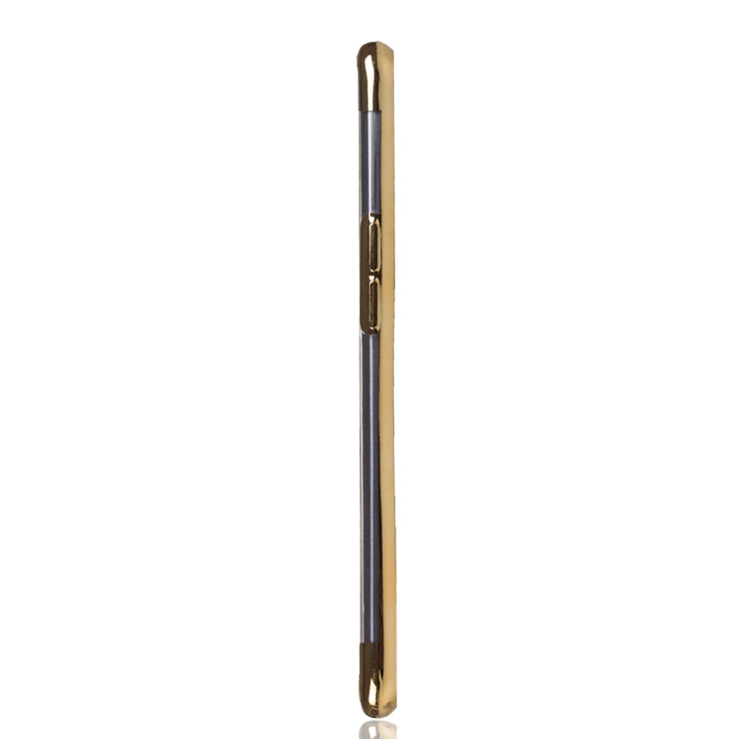Seitenansicht einer gold-silbernen Handyhülle. Knöpfe und metallische Oberfläche.