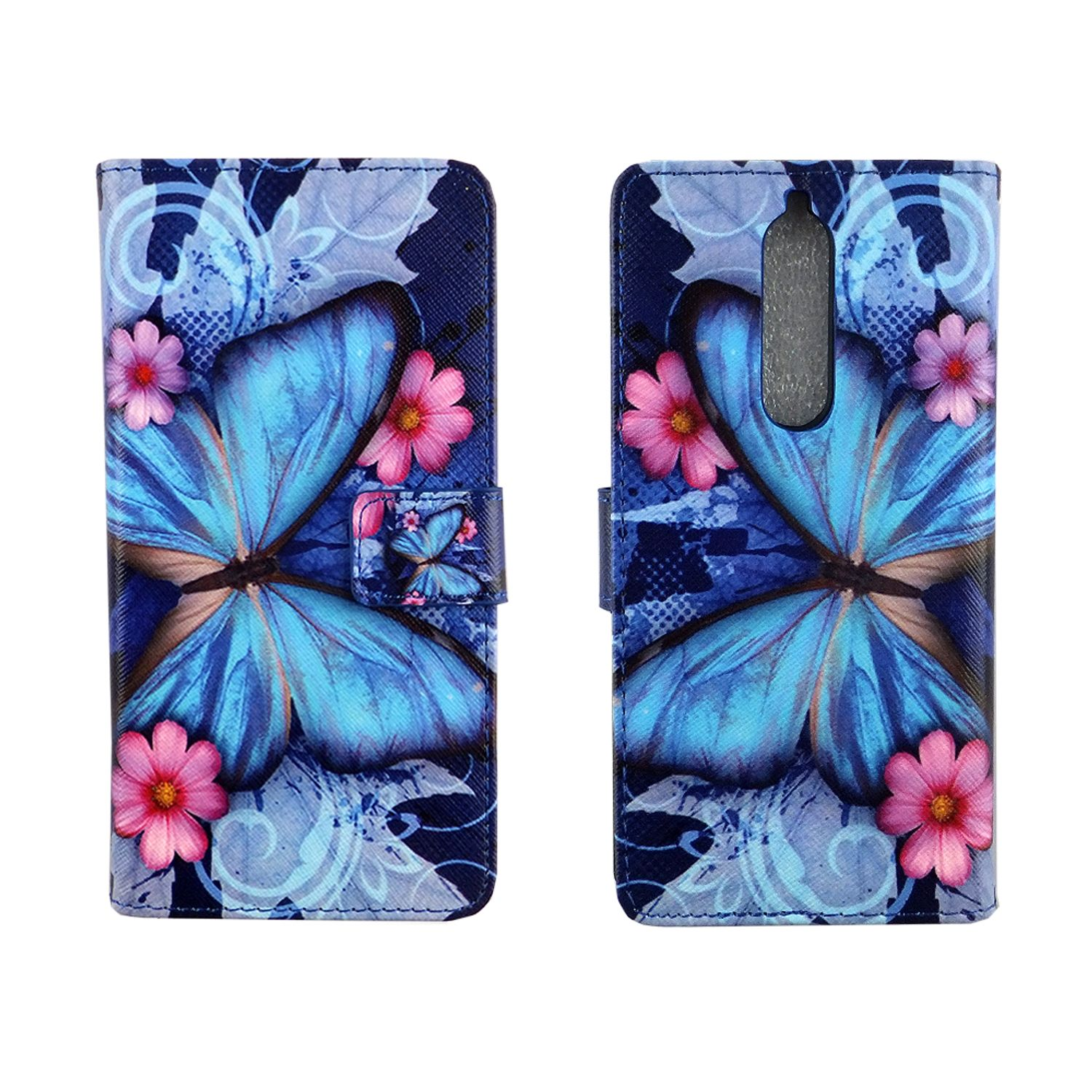 Blaue Schmetterlings-Handyhülle, offen und geschlossen. Schmetterlinge und Blumen auf dunkelblauem Hintergrund.