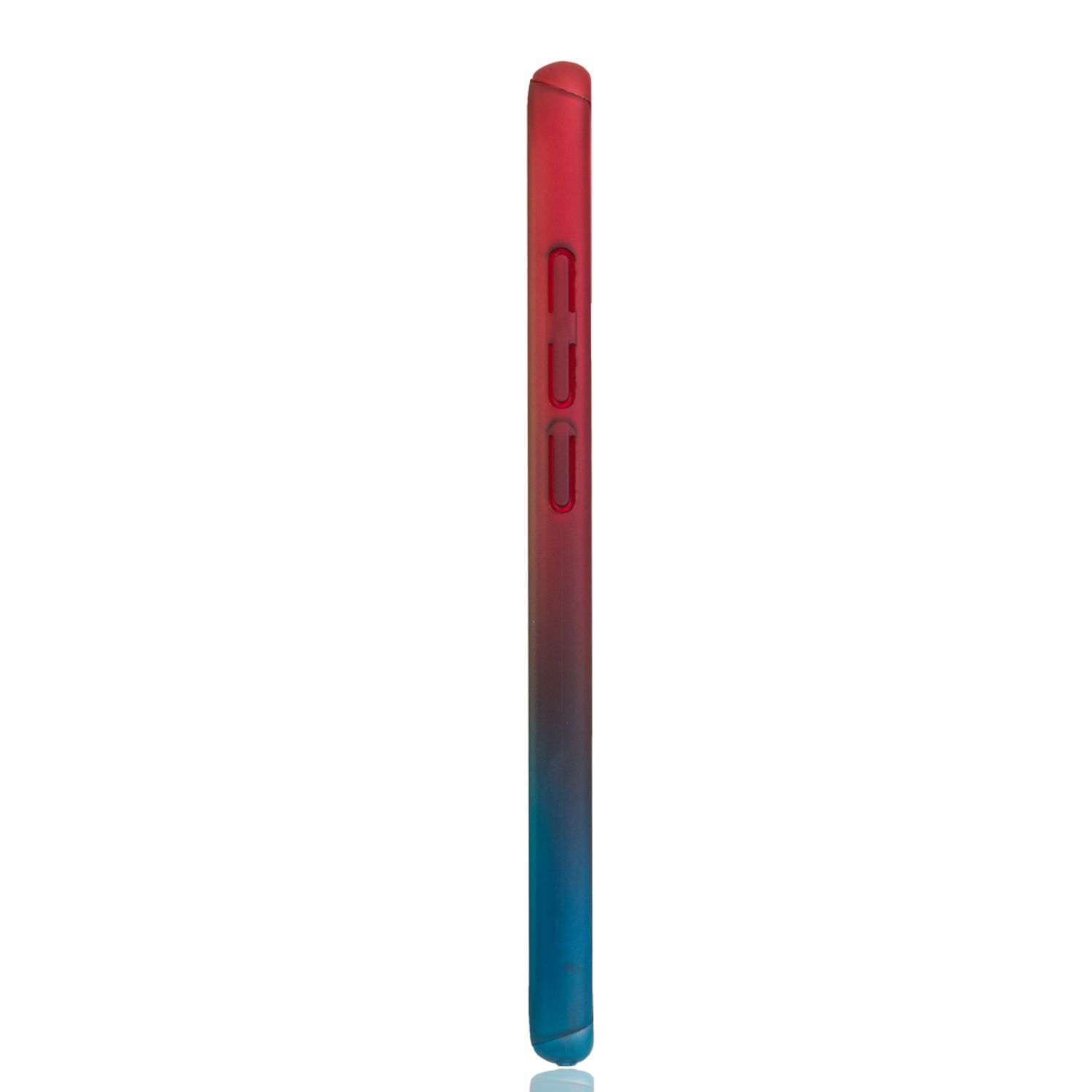 Seitenansicht eines Telefons mit roter und blauer Farbverlaufshülle.