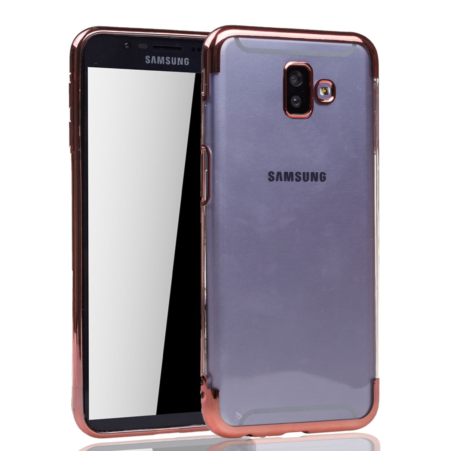 Samsung Smartphone in Roségold-Hülle, transparentem Rücken, schwarzem Bildschirm, auf weißem Hintergrund.