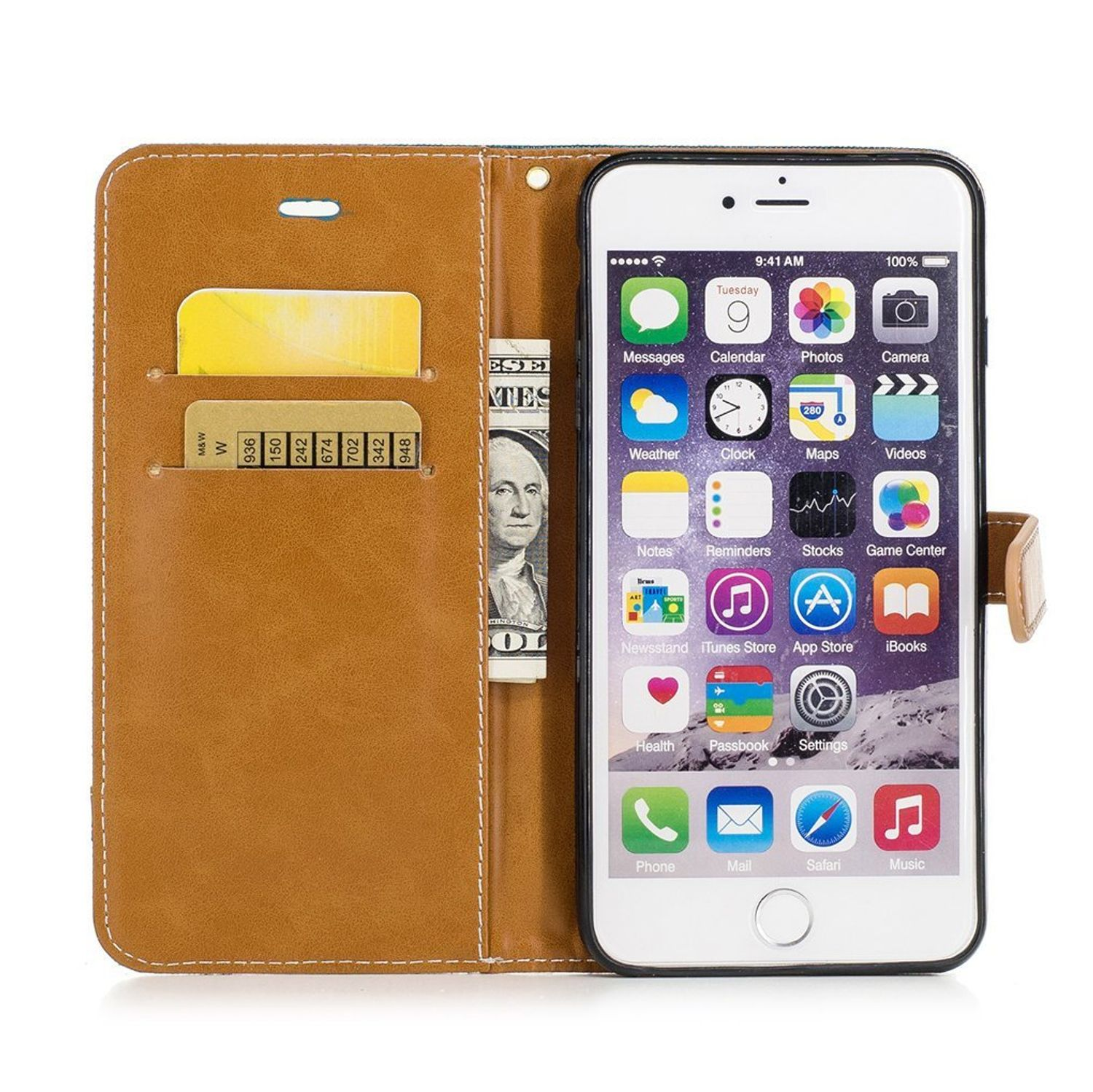 Ein iPhone in einem braunen Wallet-Case mit Karten und Geld. Der Bildschirm zeigt Apps.