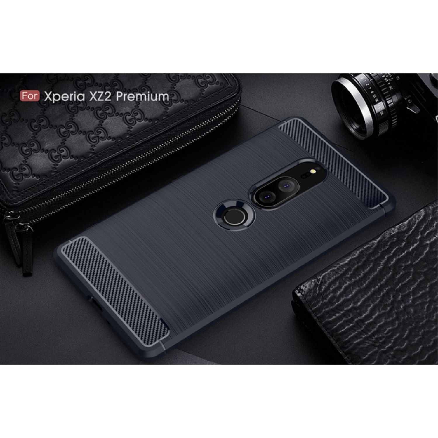 Handyhülle Sony, XZ2 Premium, Backcover, DESIGN Blau KÖNIG Xperia Optik, Carbon