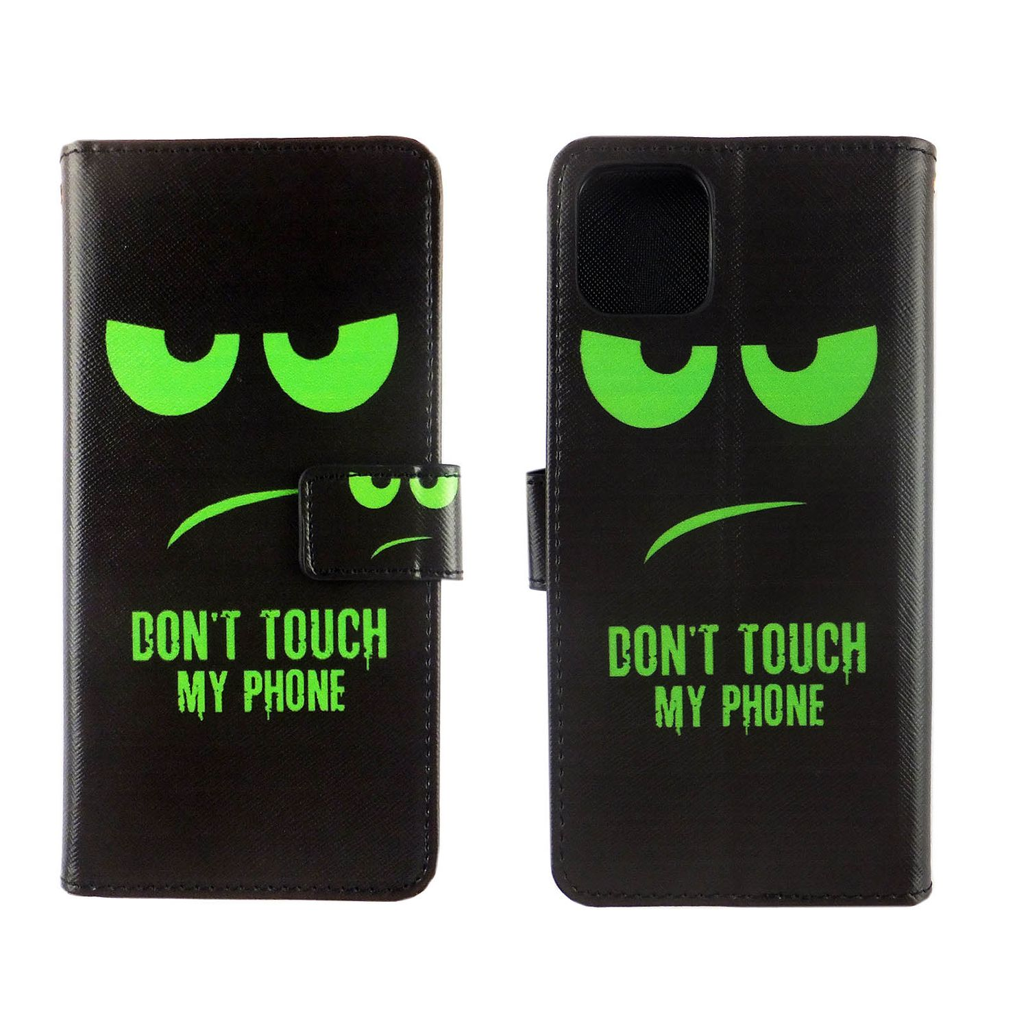 Schwarze Handyhülle mit grünen Augen und dem Text 'Don't touch my phone'.