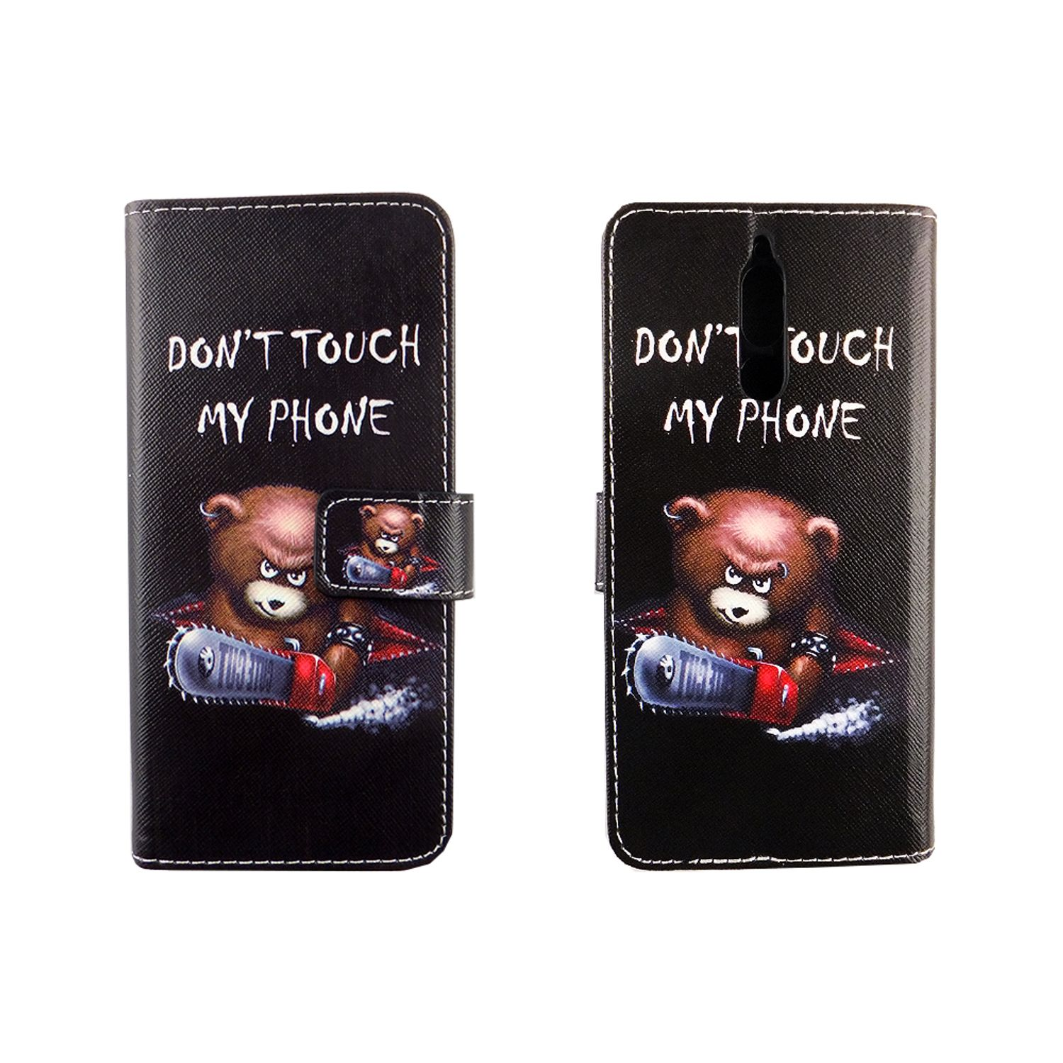 Schwarze Handyhülle mit einem Bären mit Kettensäge. Text: 'Don't touch my phone'.