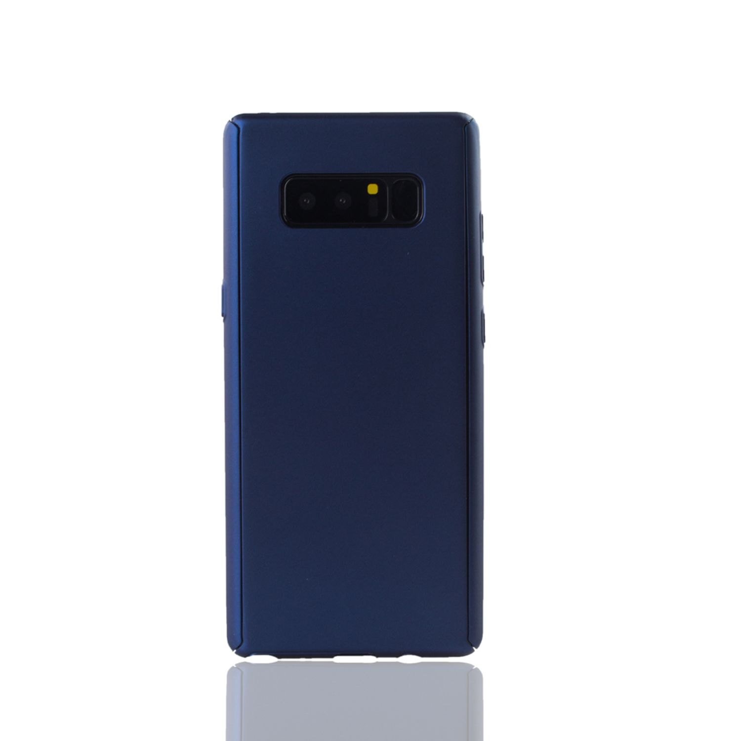 Dunkelblaue Handyhülle, Rückansicht, mit weißem Hintergrund und sichtbarer Handykamera.