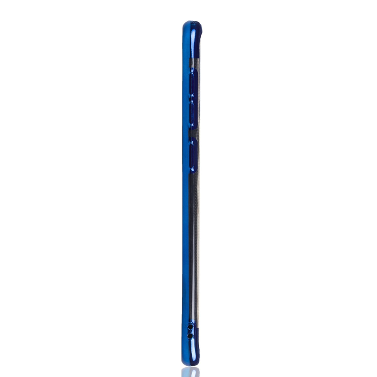 Blaue Telefon-Seitenansicht, zeigt Tasten und Anschlüsse.