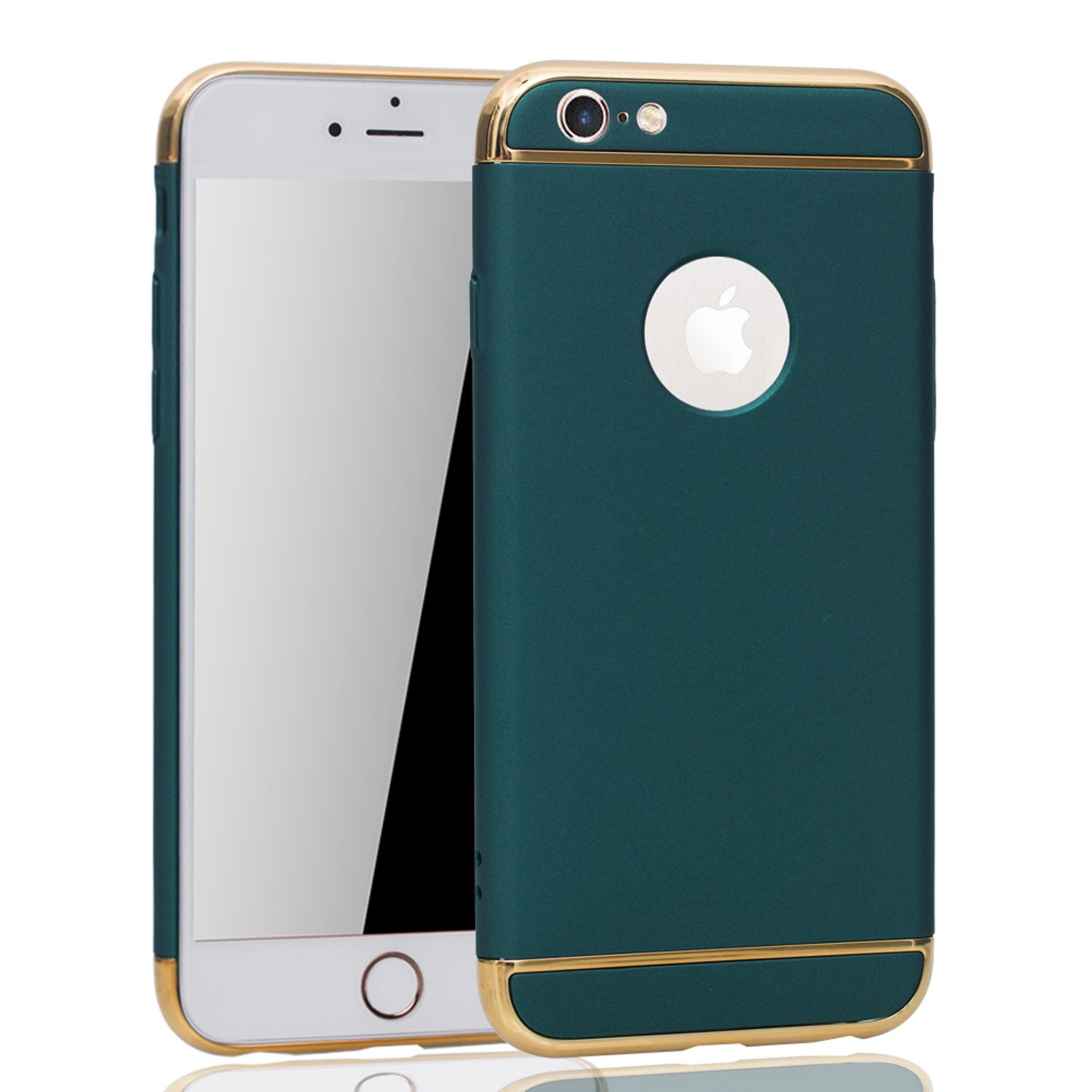 Handyhülle mit grünem Rücken und goldenem Rahmen, die das Telefon bedeckt.