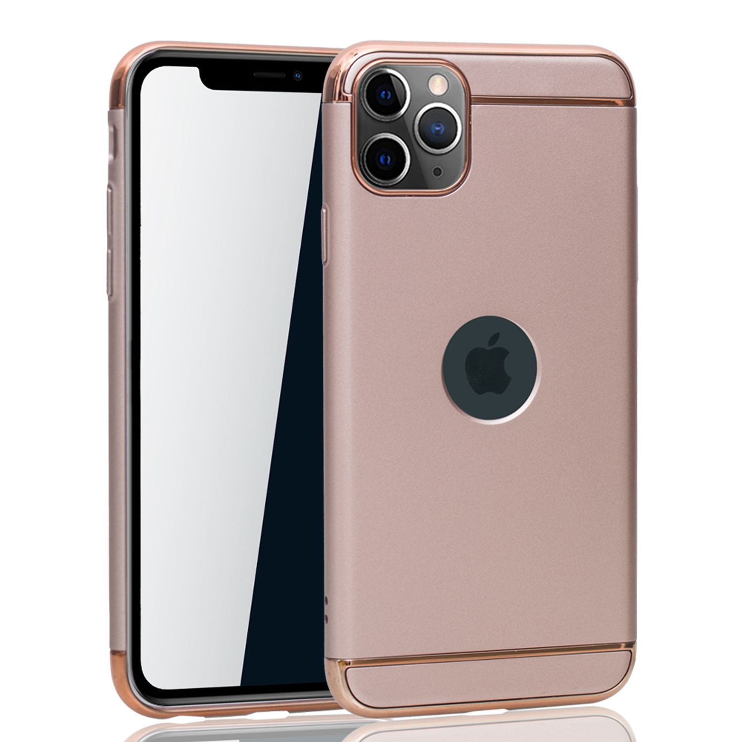 Eine roségoldene Handyhülle mit einem Telefon darin, auf weißem Hintergrund.