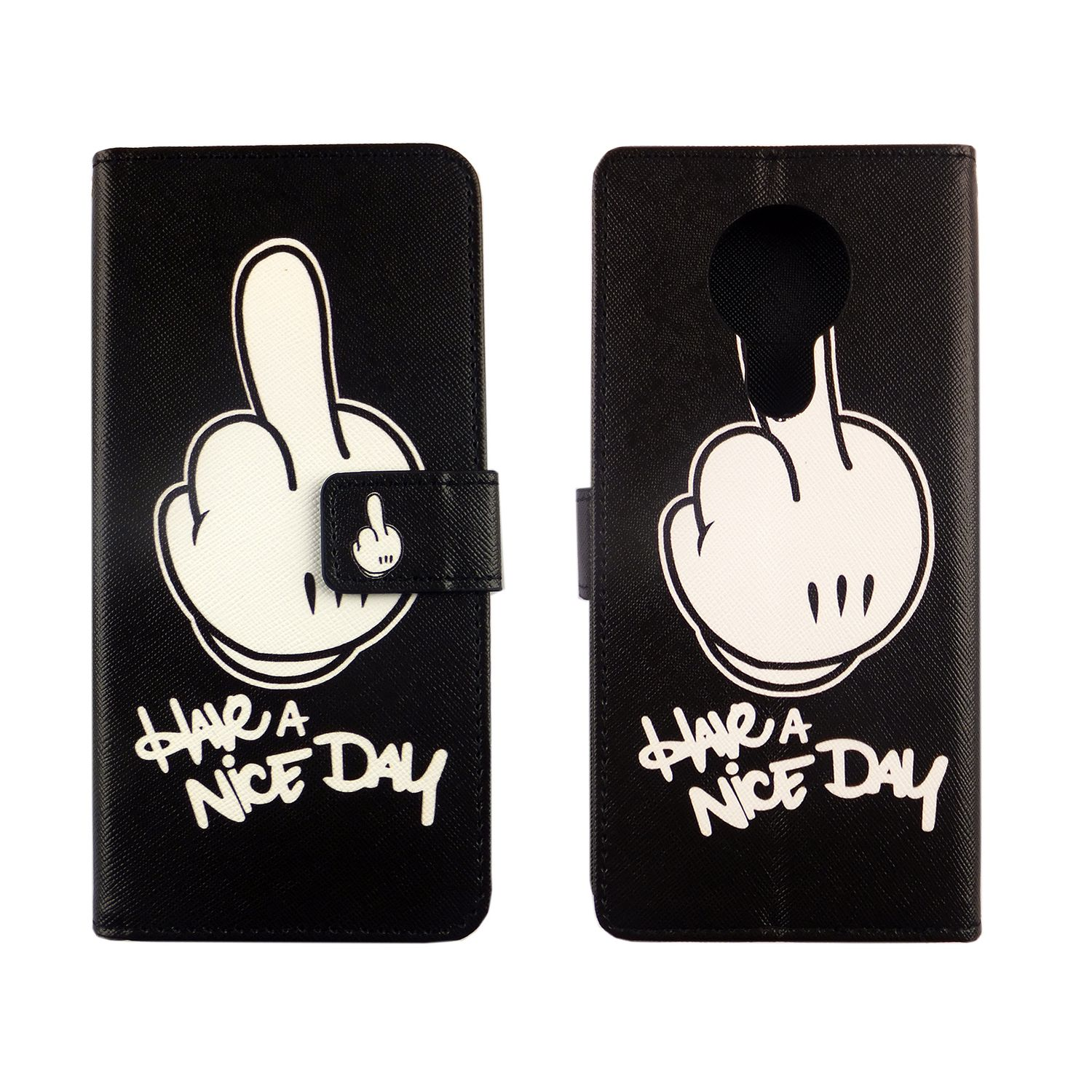 Handyhülle mit einer Cartoon-Hand, die den Mittelfinger zeigt. Text: 'HAVE A NICE DAY'.