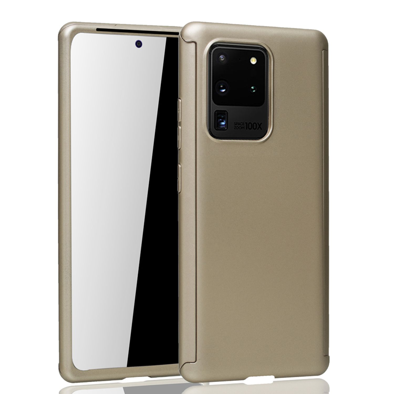 Goldene Handyhülle mit einem Handy darin, das einen weißen Bildschirm zeigt.