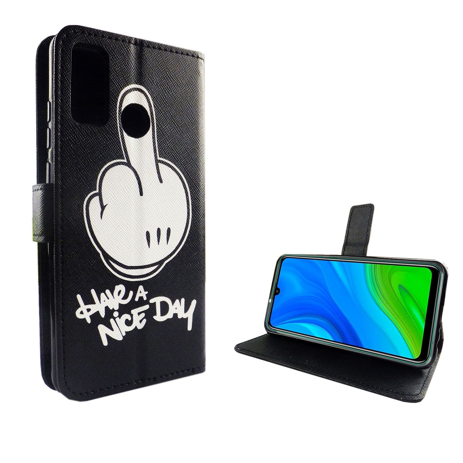 Schwarze Handyhülle mit Mickey Mouse-Hand und Text „Have a Nice Day“. Das Telefon ist für einen grünen Bildschirm geöffnet.