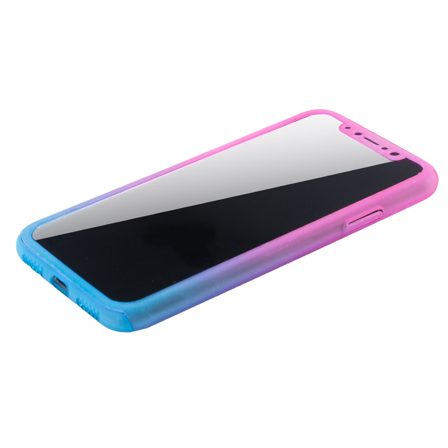 Telefon in einer Hülle mit Farbverlauf. Rosa zu Blau. Schwarzer Bildschirm. Isoliert auf Weiß.