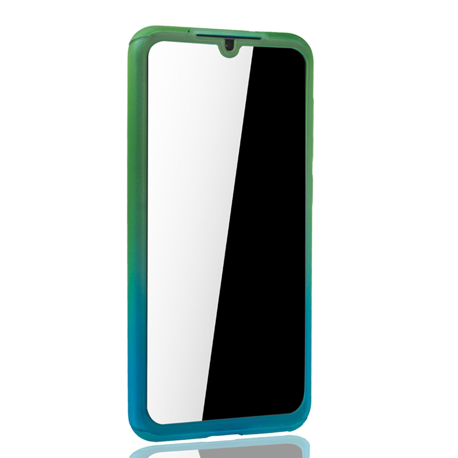 Smartphone mit grün-blauem Farbverlauf. Der Bildschirm ist schwarz mit Notch.