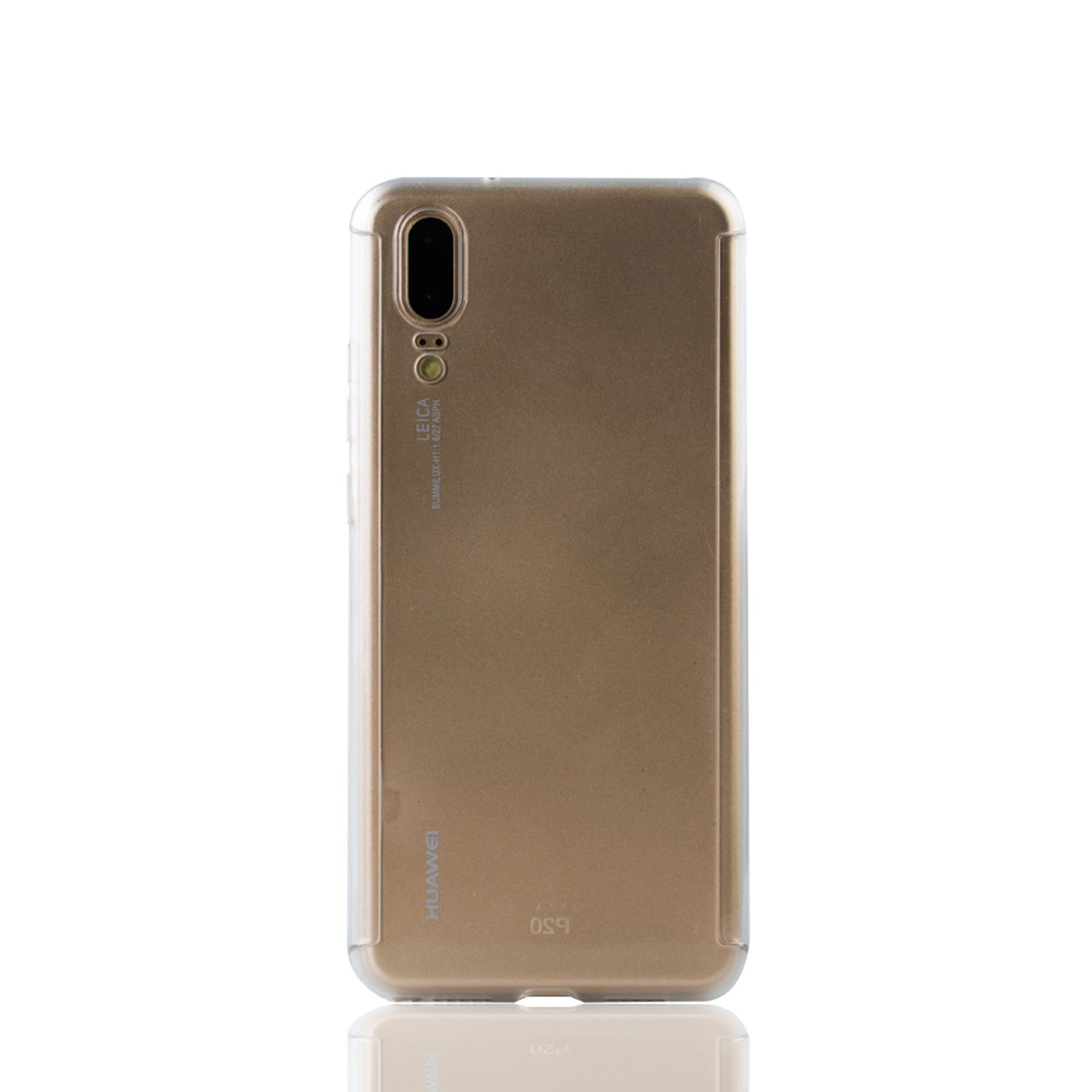 Goldene Handyhülle mit transparentem Rand, auf weißer Oberfläche.