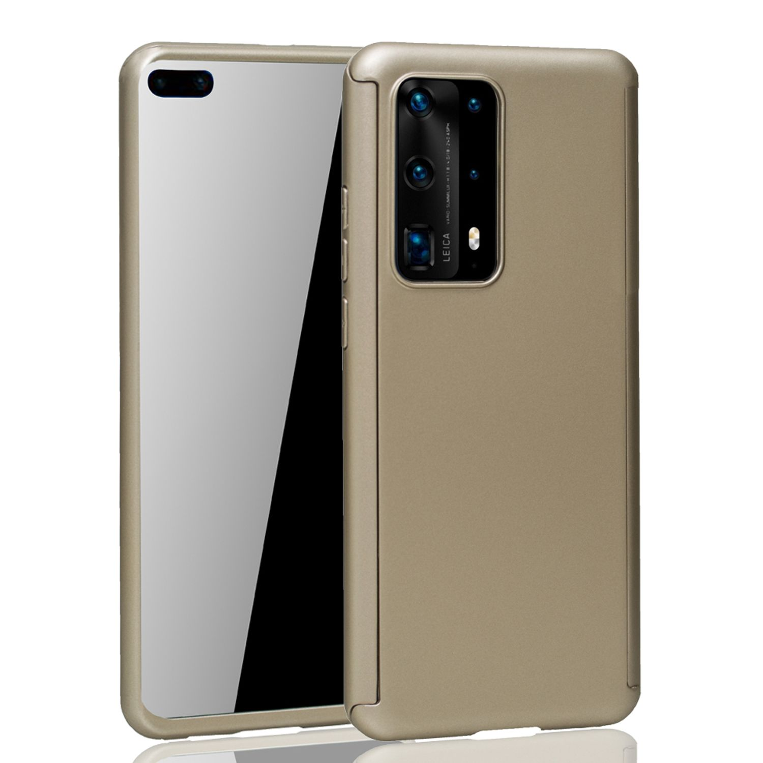 Ein Telefon und eine Hülle. Das Telefon ist goldfarben, die Hülle auch.