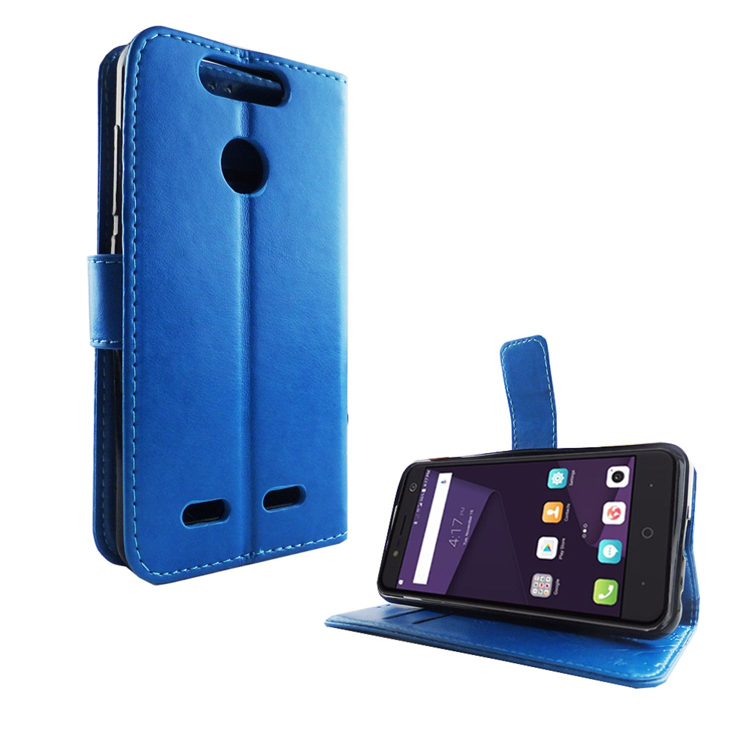 Blaue Handyhülle geöffnet, mit einem Telefon, das einen App-Bildschirm anzeigt. Weißer Hintergrund.