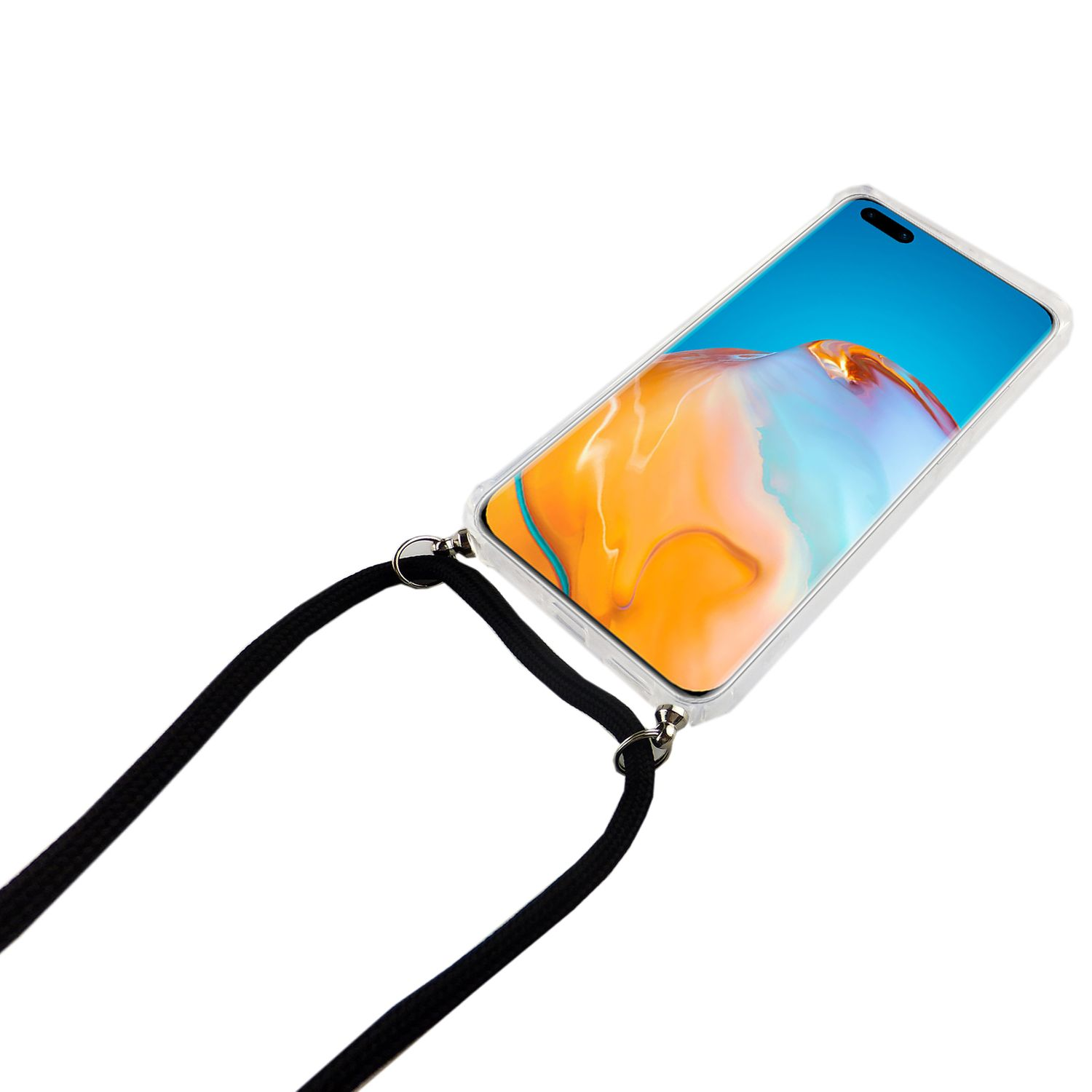 Telefon in einer durchsichtigen Hülle mit schwarzem Riemen. Winkelansicht.