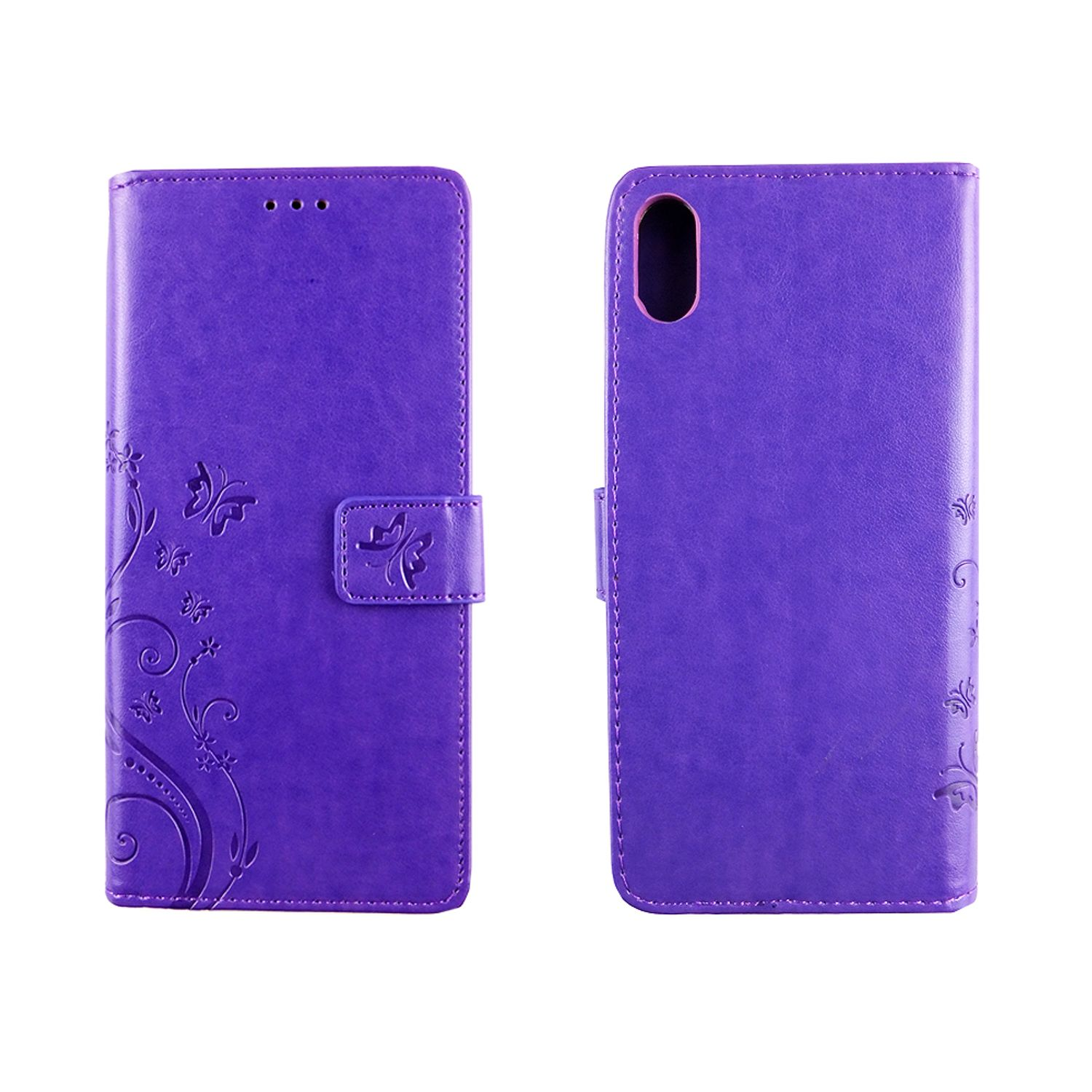 Zwei lila Handyhüllen. Eine offen, mit floralem Design. Die andere geschlossen, schlichtes Design.