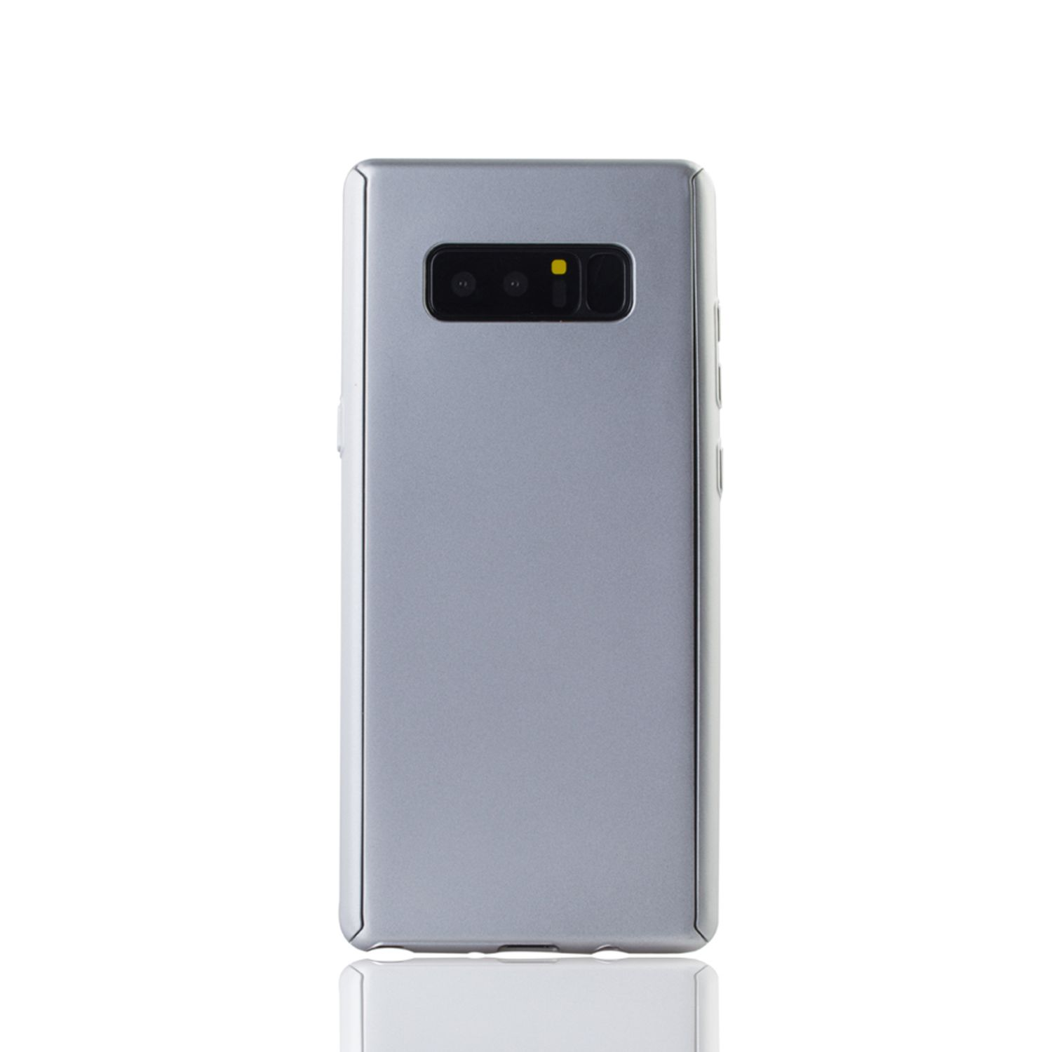 Silberne Handyhülle mit einem Handy darin, das die Rückseite des Telefons zeigt.