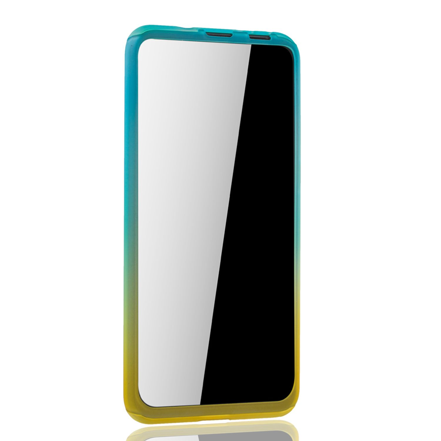 Smartphone in einer Hülle mit Farbverlauf und Bildschirm. Die Hülle ist grün, gelb und blau.