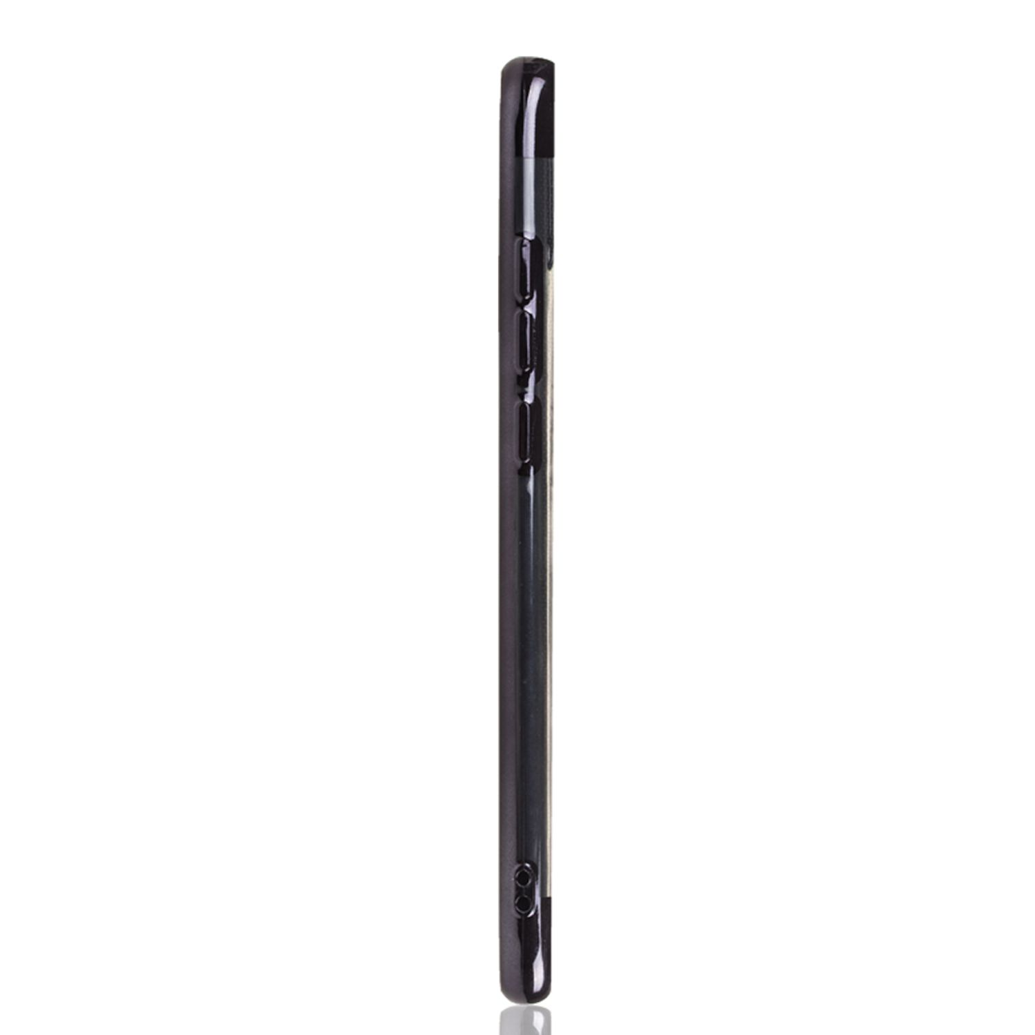 Schwarzes Smartphone-Seitenansicht, zeigt Knöpfe und Reflexionen auf weißem Hintergrund.