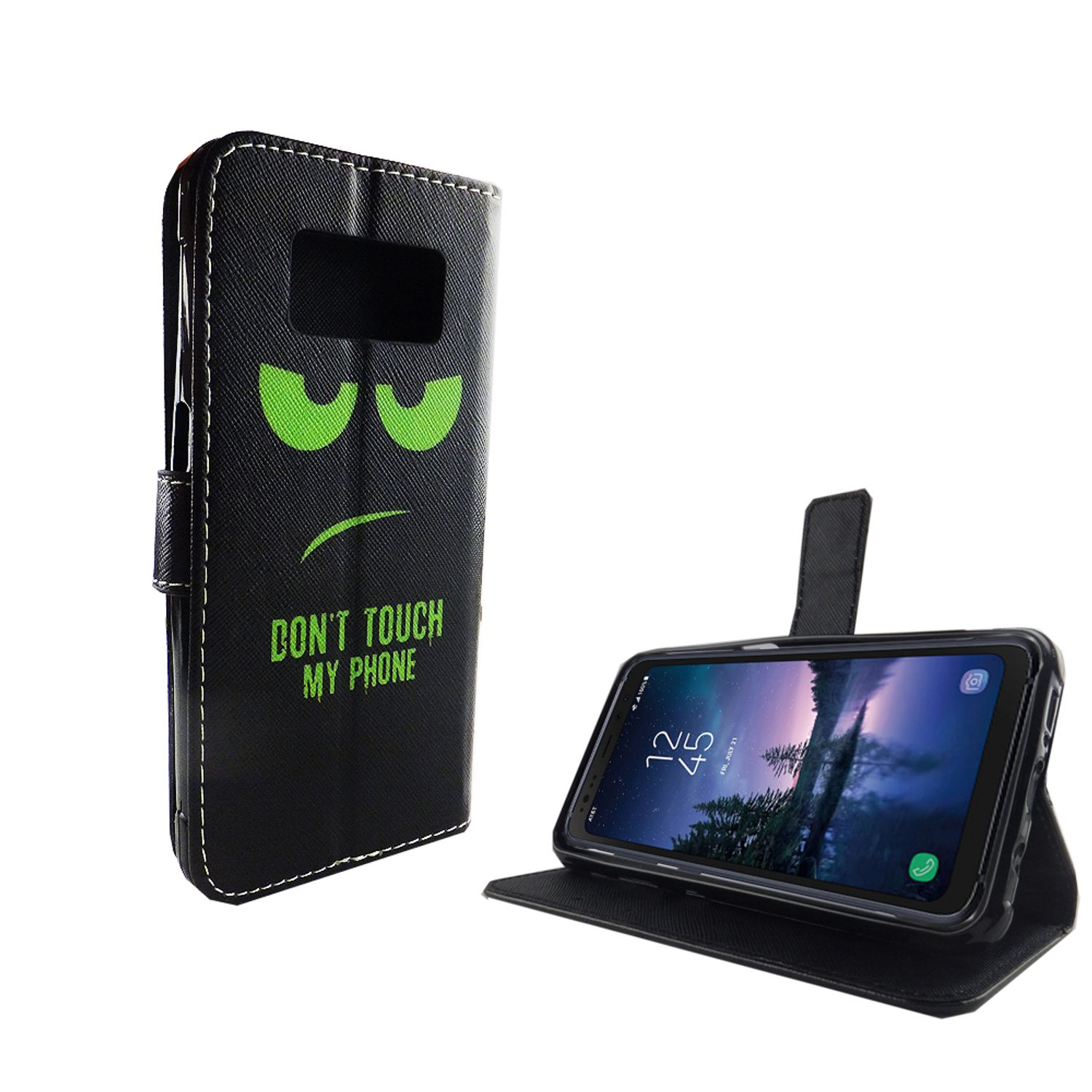 Schwarze Handyhülle mit einem grimmigen Gesicht und dem Text „DON'T TOUCH MY PHONE“. Das Telefon ist für einen App-Bildschirm geöffnet.