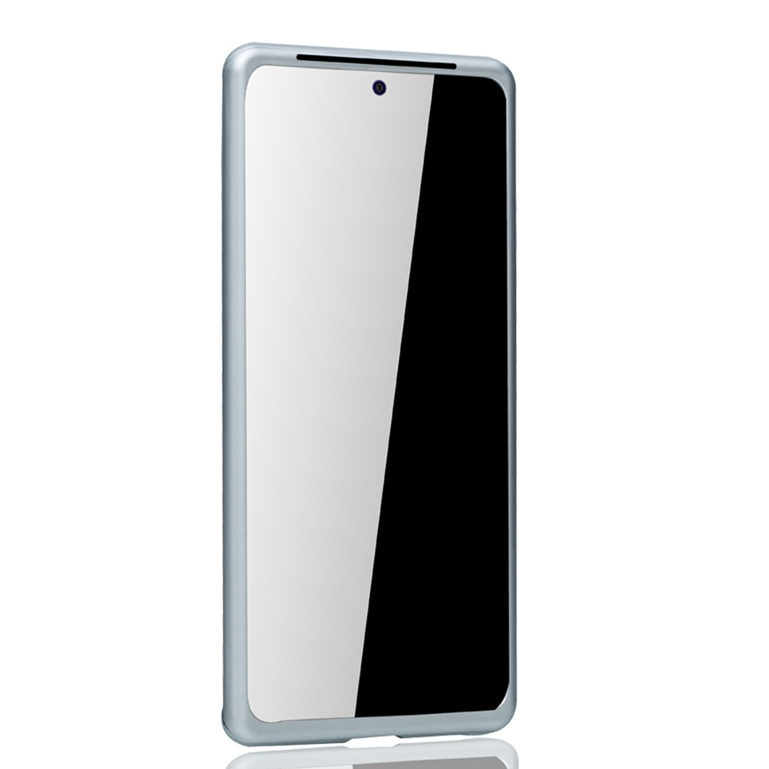 Silbernes Smartphone mit schwarzem Bildschirm. Die Vorderseite hat eine Kamera und einen silbernen Rahmen.