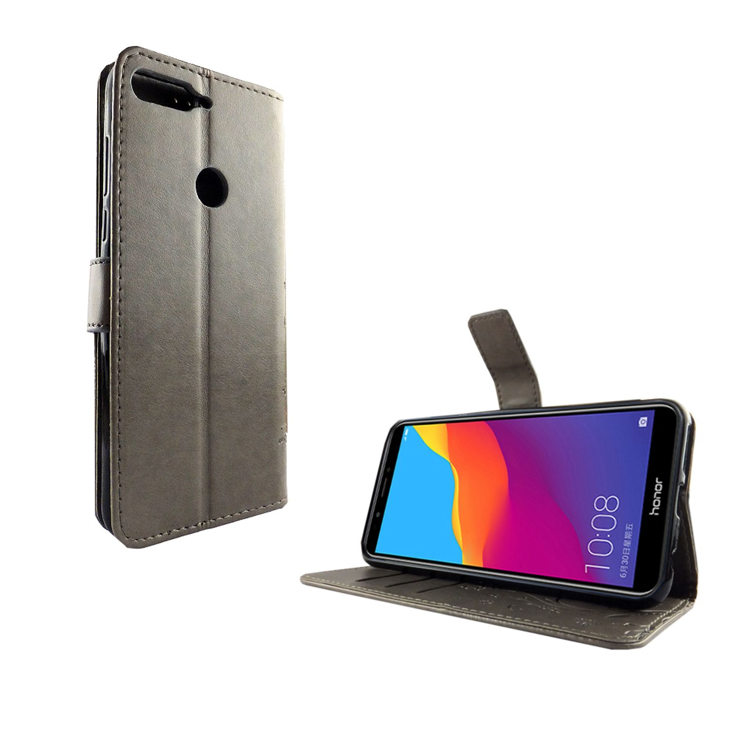 Graue Handyhülle, offen. Telefon ist drinnen. Weißer Hintergrund.