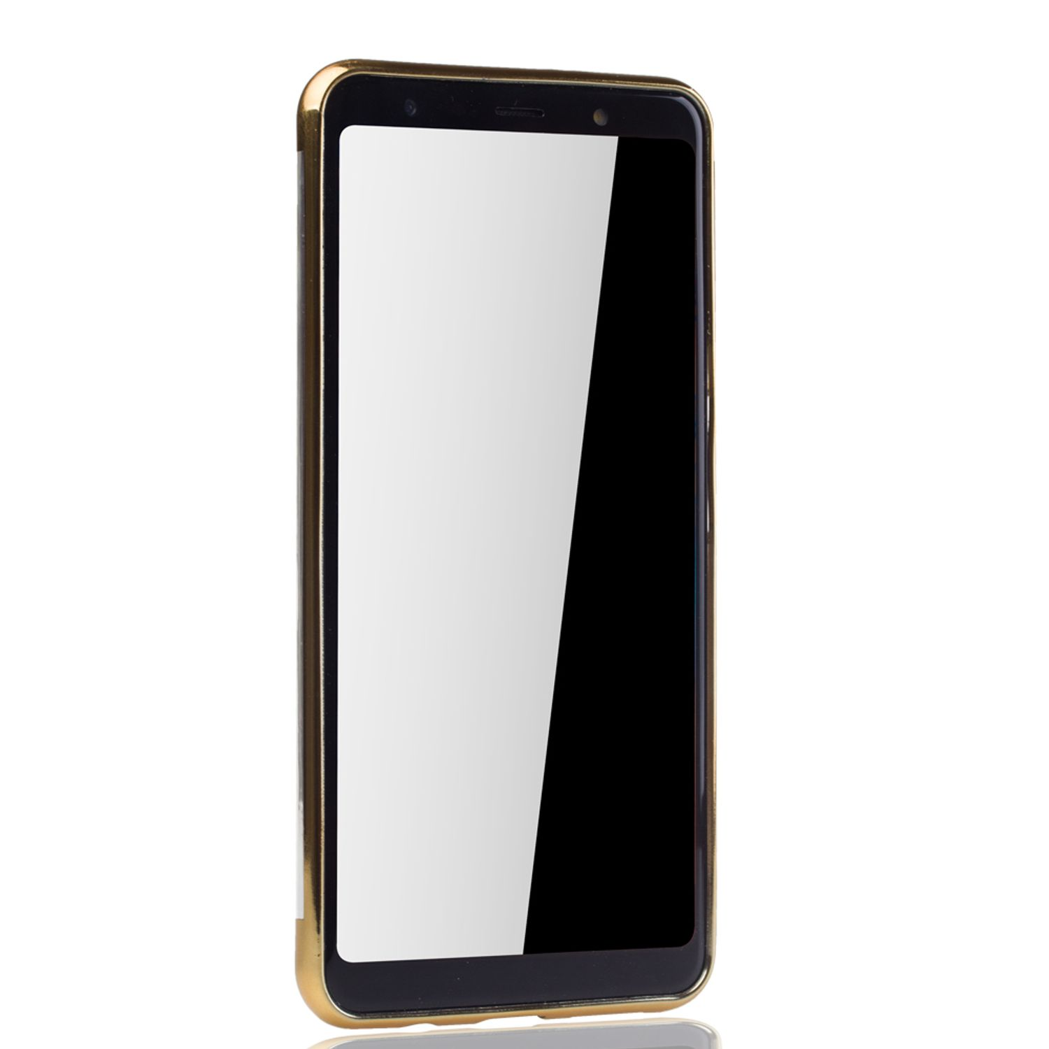 Goldgerahmtes Telefon mit schwarzem Bildschirm. Reflektierende Oberfläche unten. Weißer Hintergrund.