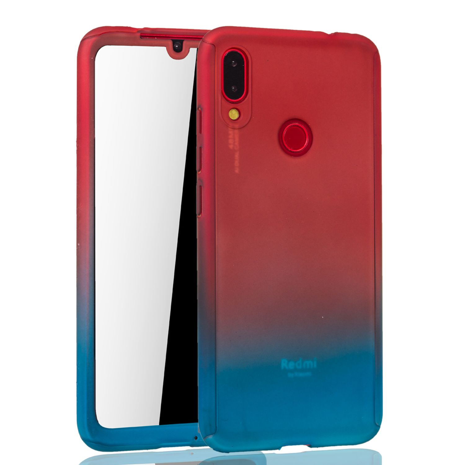 Rotes und blaues Farbverlaufs-Handycase mit sichtbarem Handy-Bildschirm und Kamera.