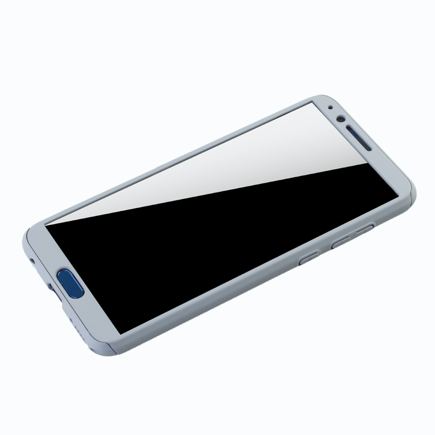 Graues Telefon, schwarzer Bildschirm, mit weißer Umrandung. Der Bildschirm ist abgewinkelt. Weißer Hintergrund.
