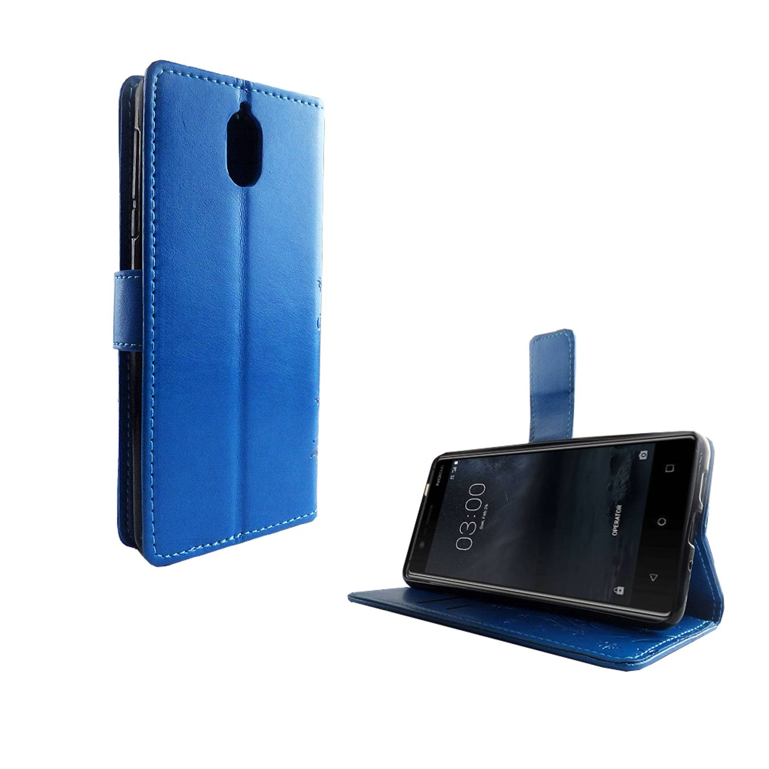 Blaue Handyhülle, geöffnet, um ein Telefon mit Uhrzeit anzuzeigen, weißer Hintergrund.