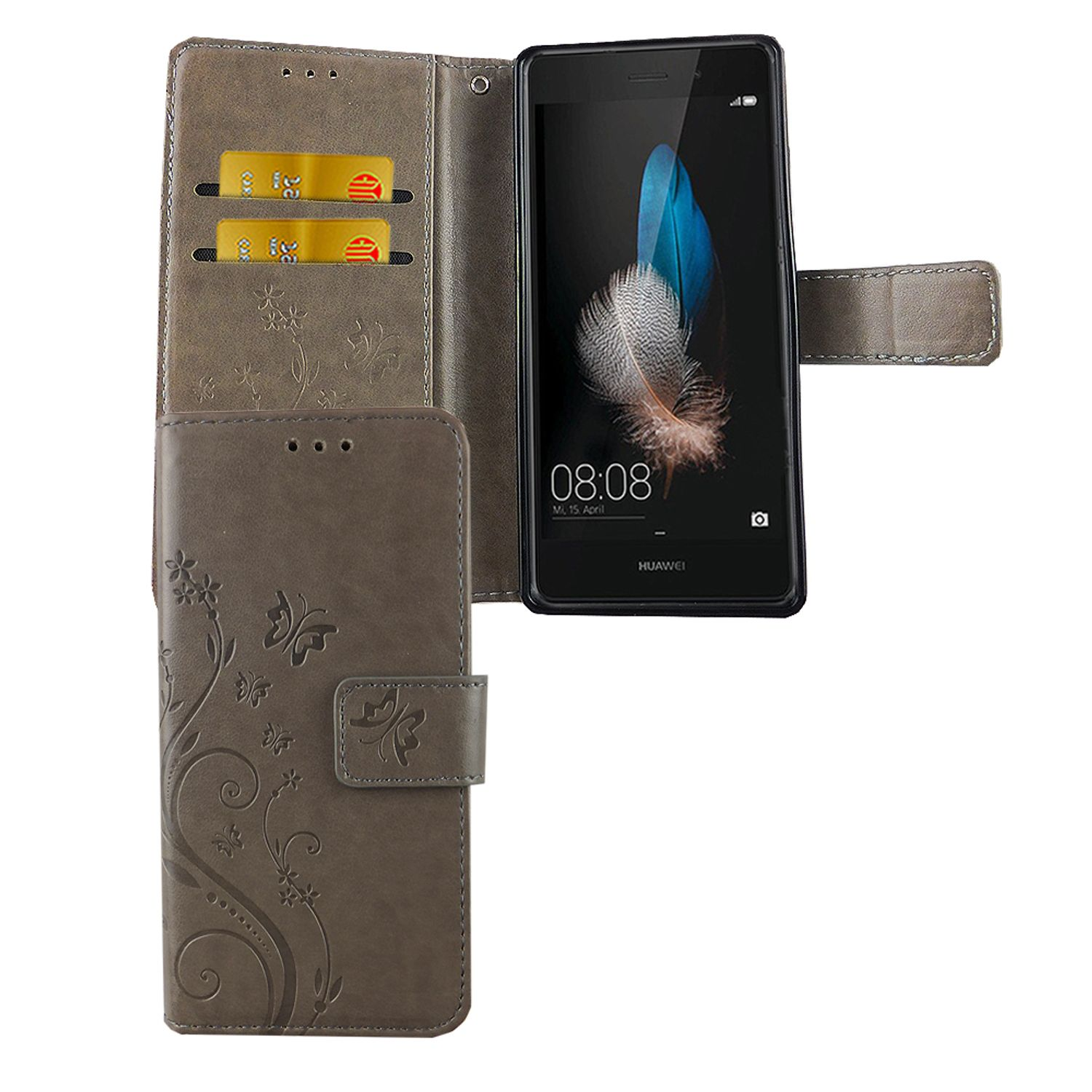 Ein Telefon in einer Handyhülle. Die Handyhülle ist geöffnet und zeigt ein Telefon mit einer Feder und einer Uhr.