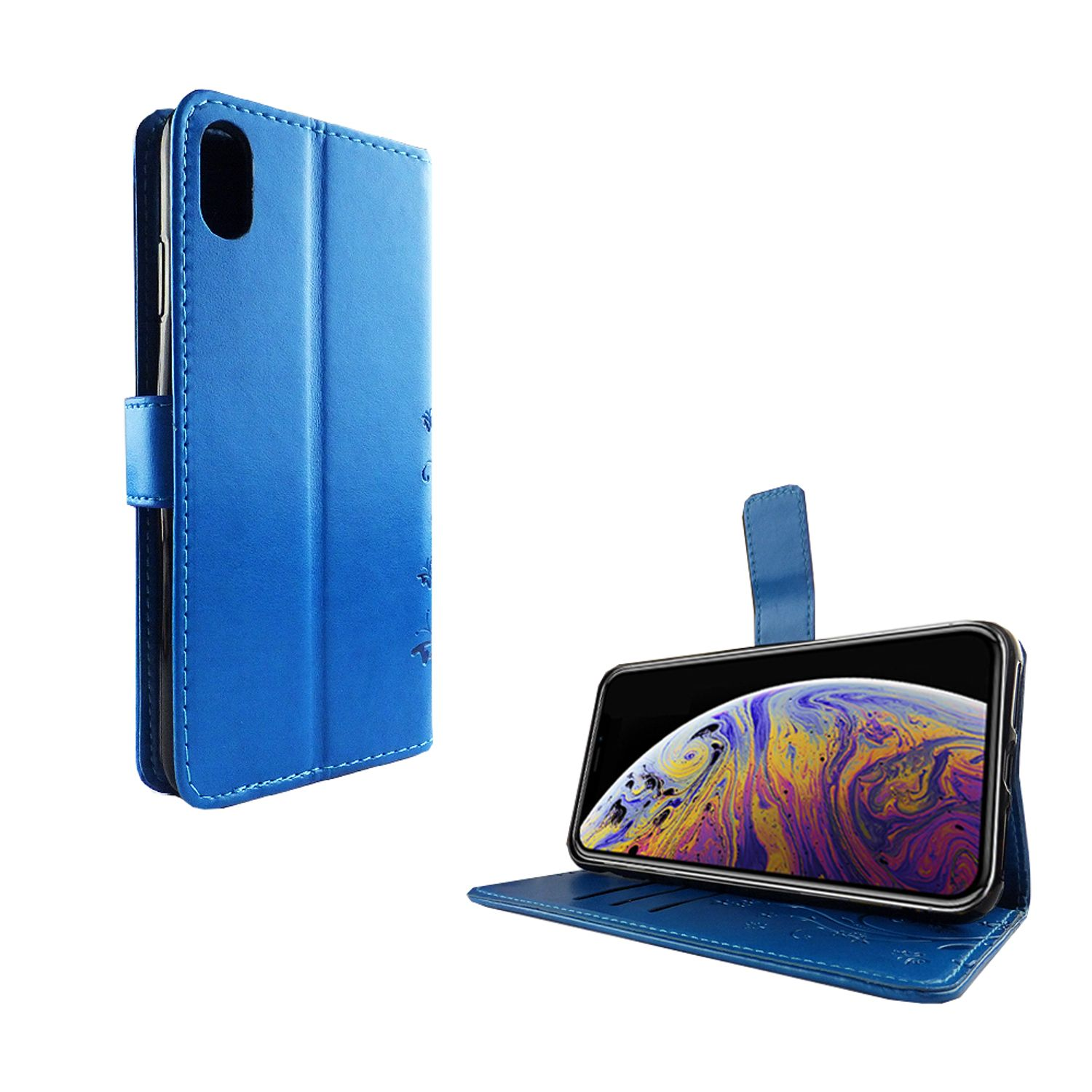 Blaue Handyhülle offen, Telefon mit farbenfrohem Bildschirm darin.