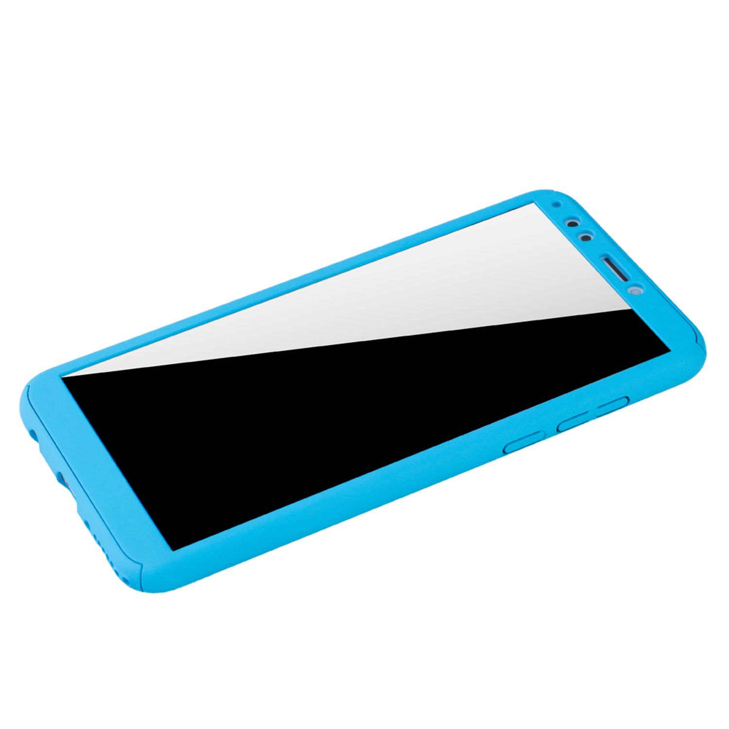 Eine blaue Handyhülle. Das Telefon ist darin. Es hat einen weißen Bildschirm. Die Hülle ist offen.