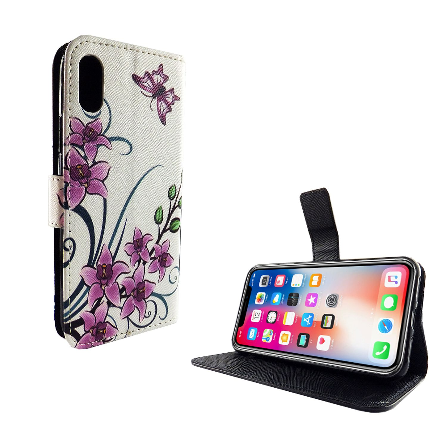 Handyhülle mit floralem Design. Telefon ist sichtbar und offen. Weiß und lila.