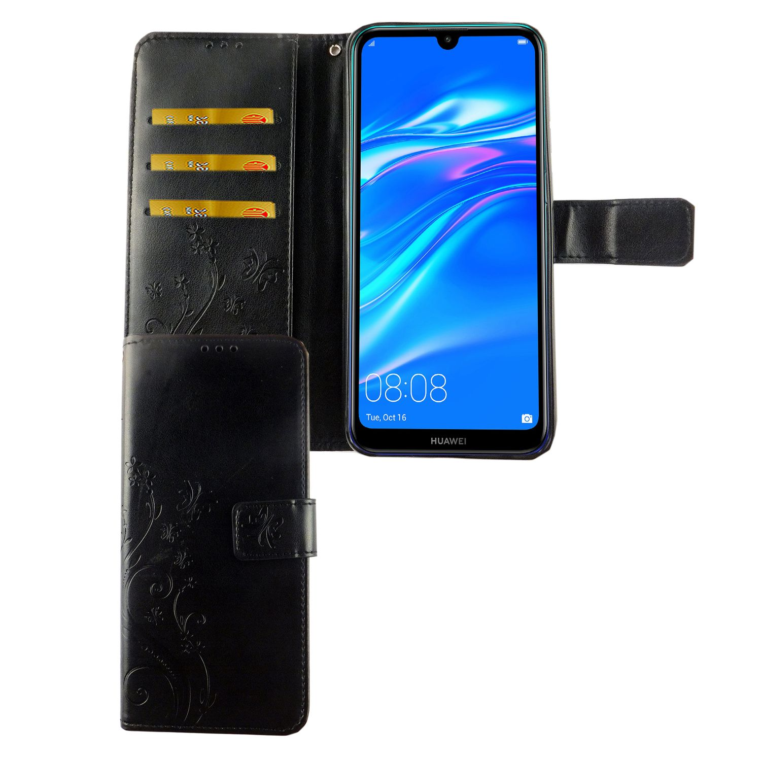Schwarze Handyhülle mit Telefon und Kartenfächern. Weißer Hintergrund.