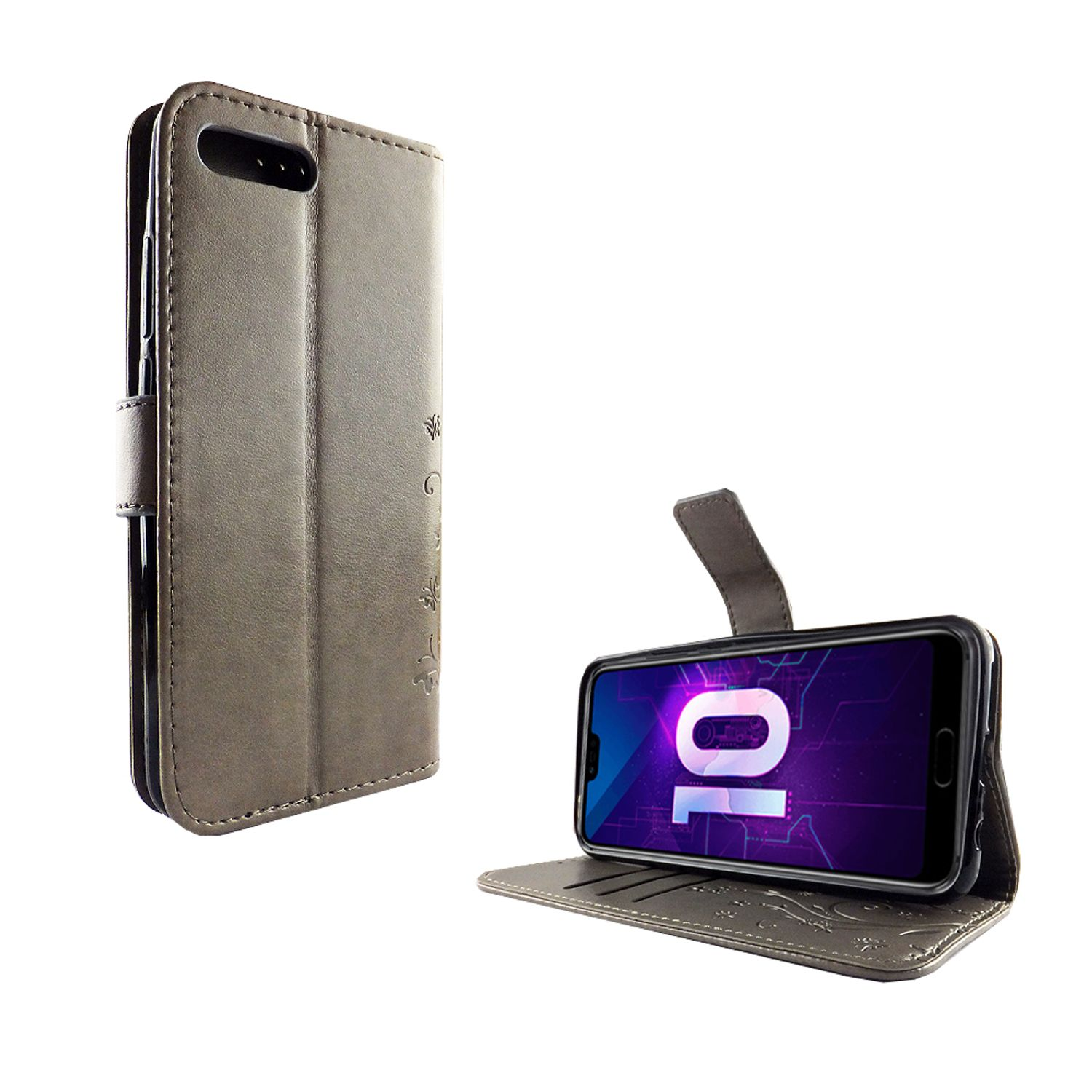 Eine Handyhülle aus braunem Leder, mit einem Handy darin und offen. Das Telefon zeigt einen Bildschirm mit Zahlen.