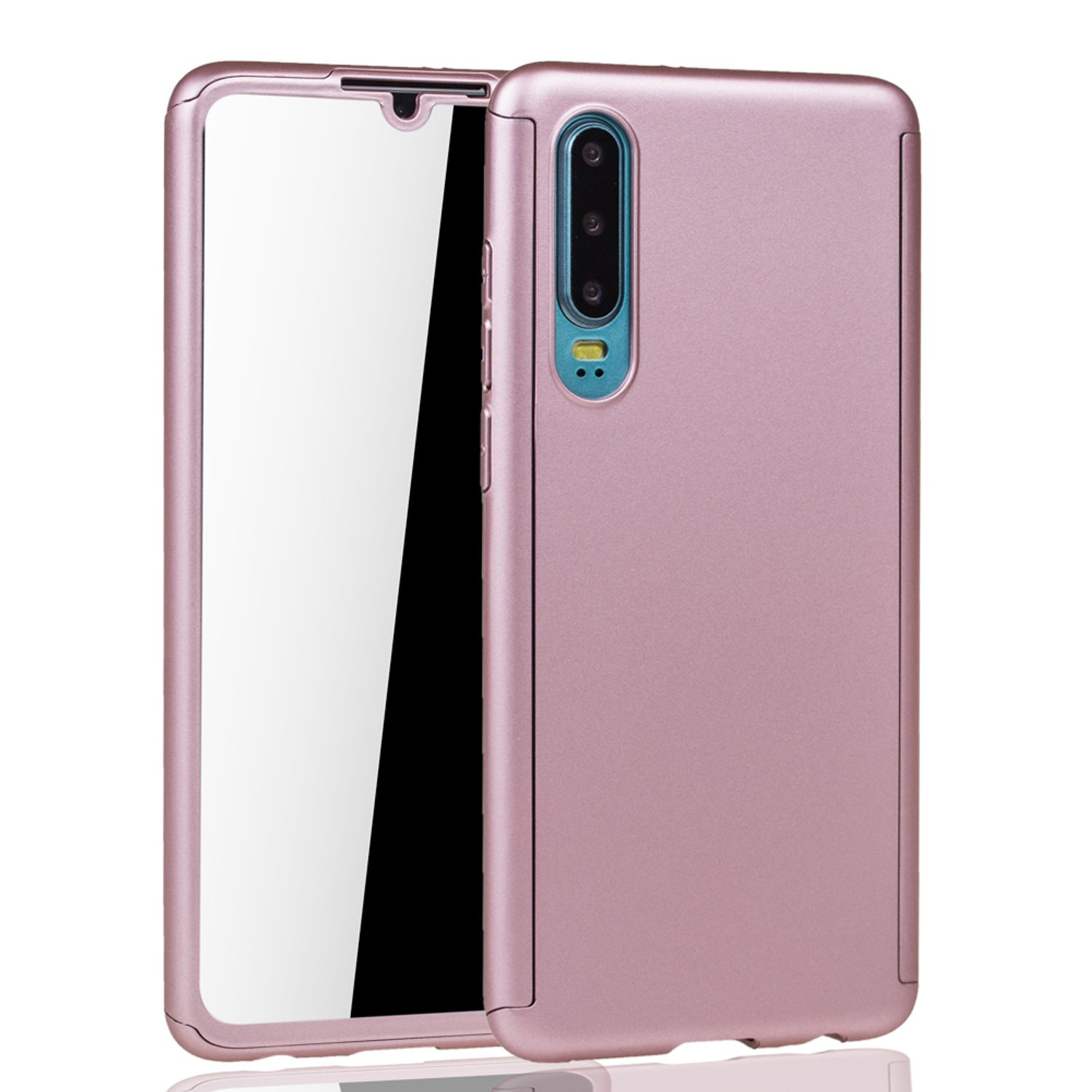 Rosa Telefon mit geöffneter Hülle. Rückseite zeigt die Kameras. Weißer Hintergrund.