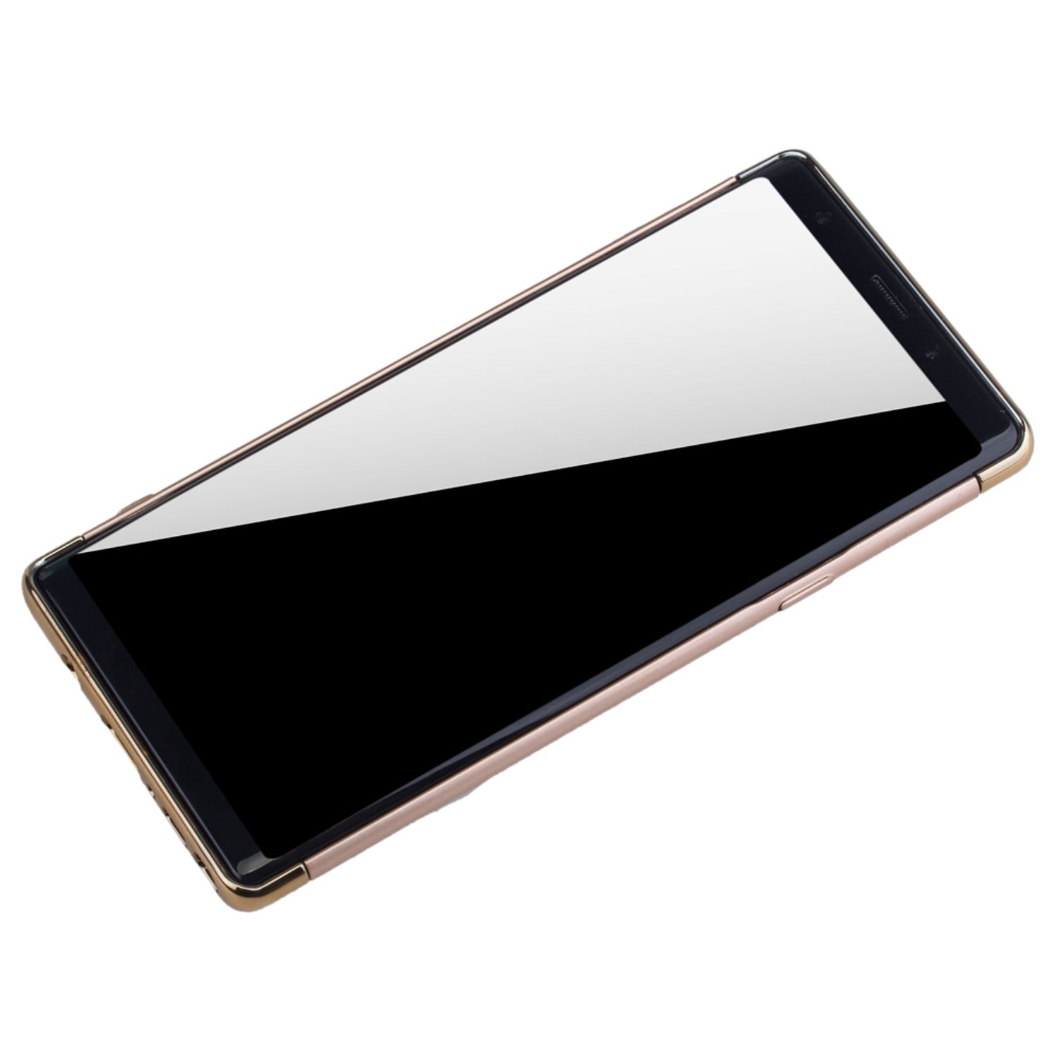 Telefon mit goldenen Rändern, schwarzer Bildschirm. Schräge Ansicht auf weißem Hintergrund.