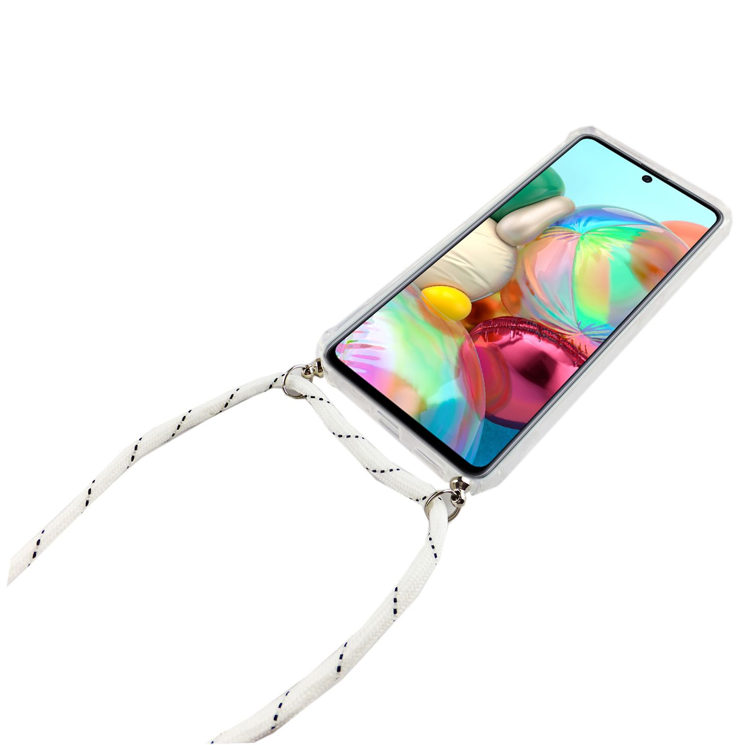 Telefon mit weißem Riemen. Das Telefon befindet sich in einem transparenten Case mit buntem Hintergrund.