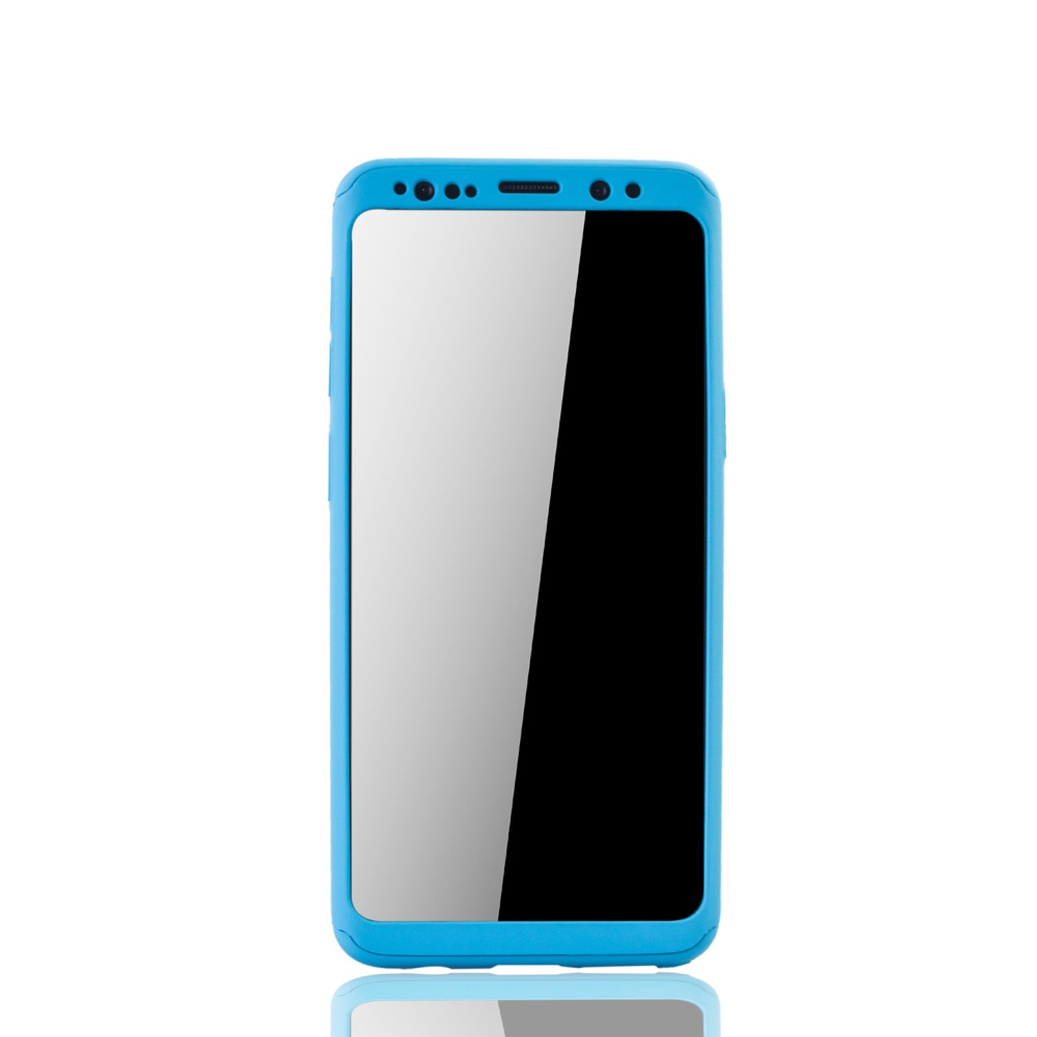 Eine blaue Handyhülle mit einem Telefon. Weißer Hintergrund.