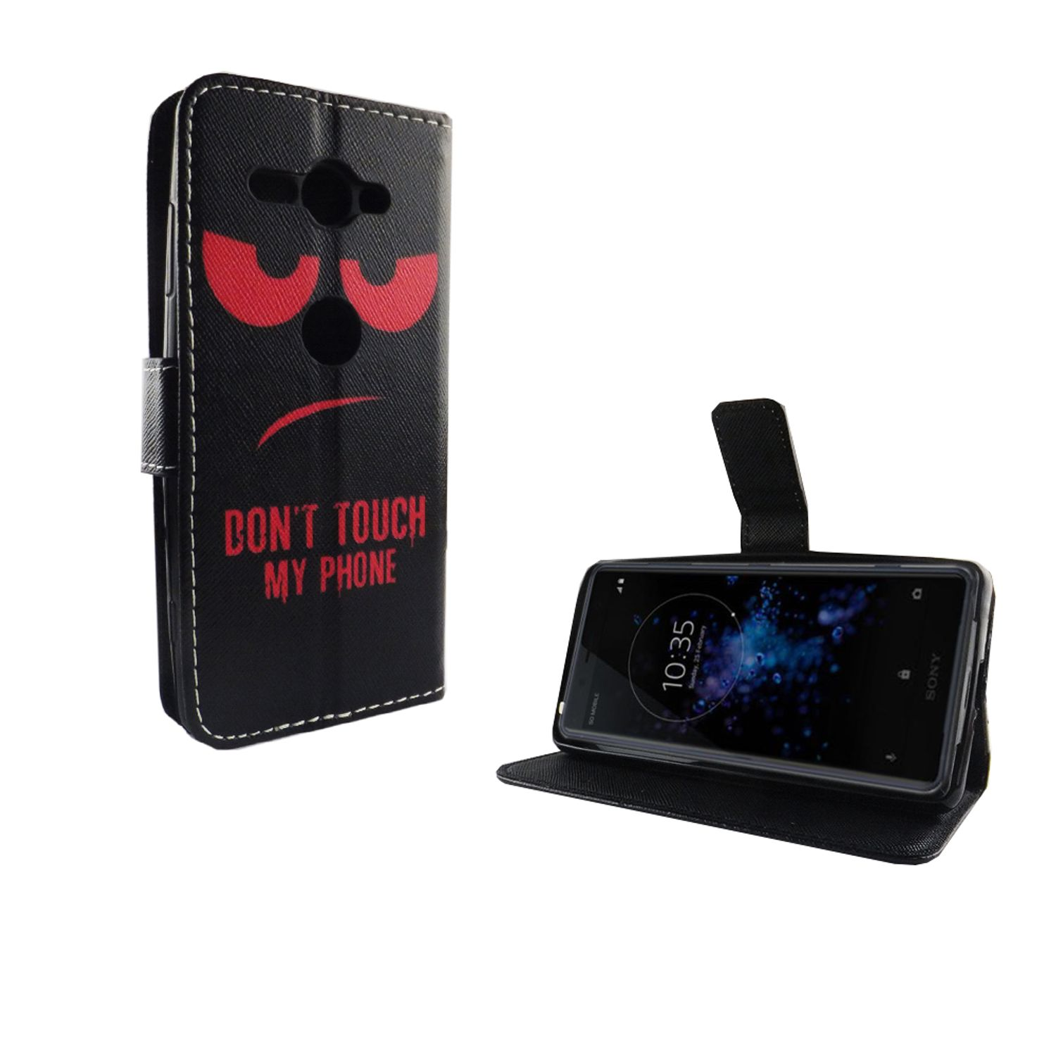 Eine schwarze Handyhülle mit einem roten, wütenden Gesicht und dem Text: Don't touch my phone. Ein Telefon ist drin.