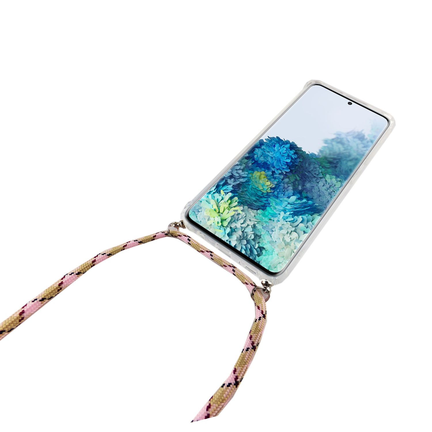 Telefon mit Lanyard. Transparente Hülle, rosa/hellbraunes Lanyard. Weißer Hintergrund.